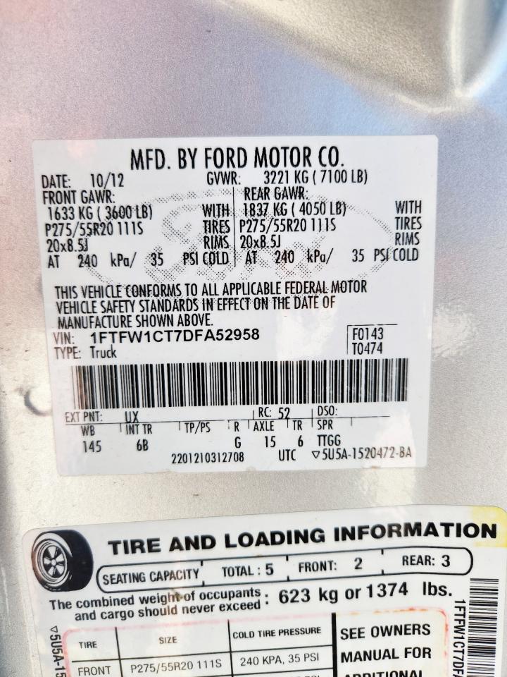 2013 Ford F150 Supercrew VIN: 1FTFW1CT7DFA52958 Lot: 71537295