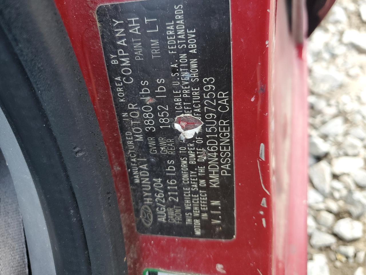 2005 Hyundai Elantra Gls VIN: KMHDN46D15U972593 Lot: 71472635