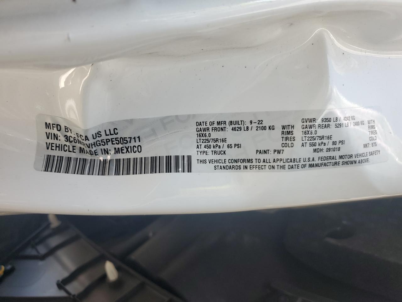 2023 Ram Promaster 3500 3500 High VIN: 3C6MRVHG5PE505711 Lot: 81854965