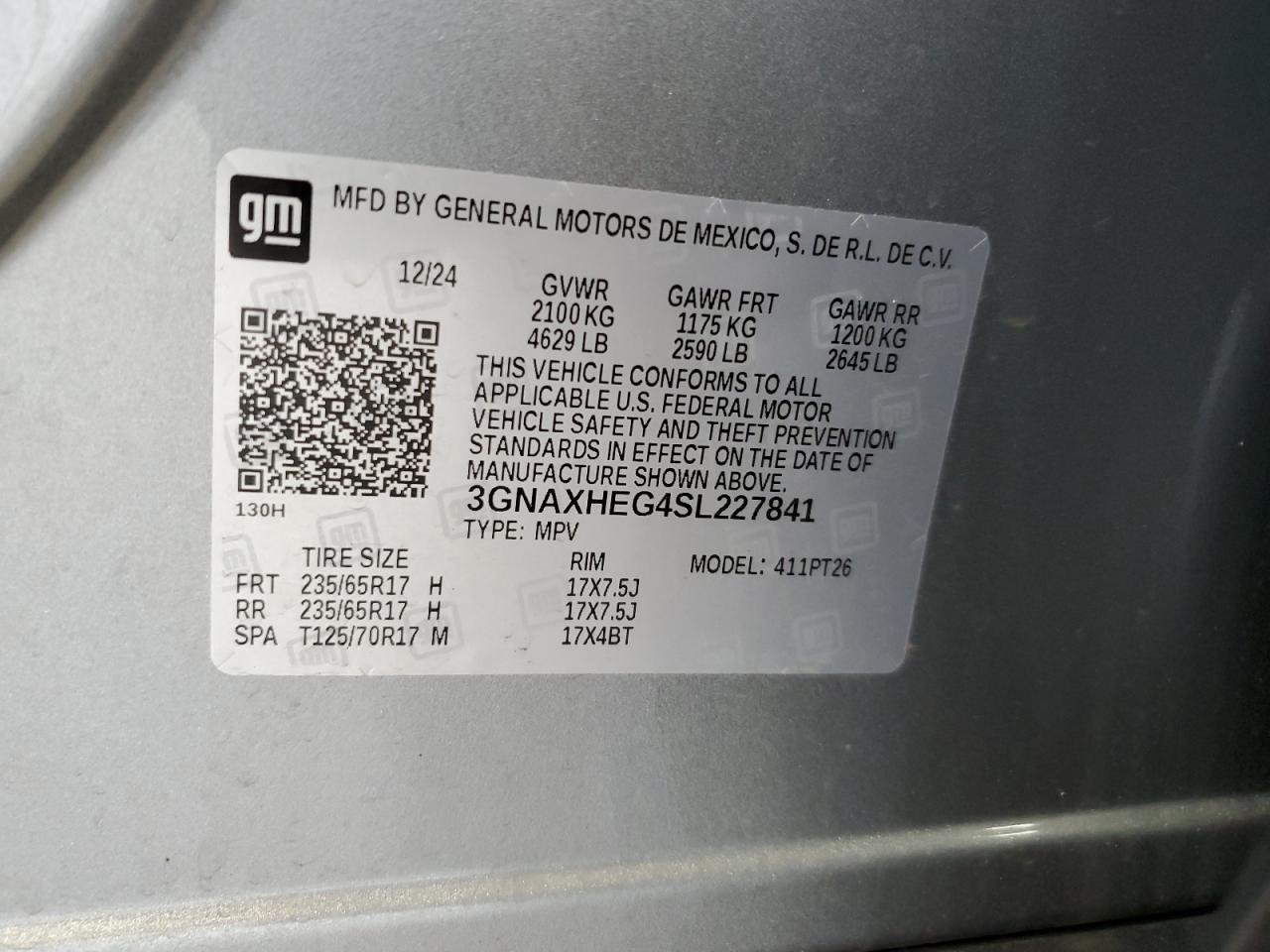 2025 Chevrolet Equinox Lt VIN: 3GNAXHEG4SL227841 Lot: 84596185