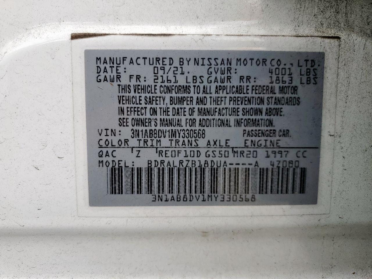 2021 Nissan Sentra Sr VIN: 3N1AB8DV1MY330568 Lot: 81253015