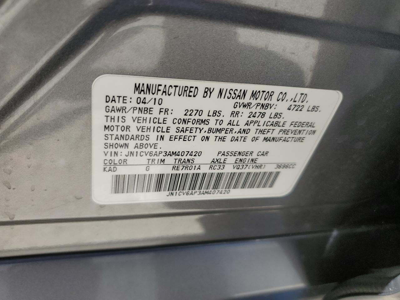 2010 Infiniti G37 Base VIN: JN1CV6AP3AM407420 Lot: 71935295