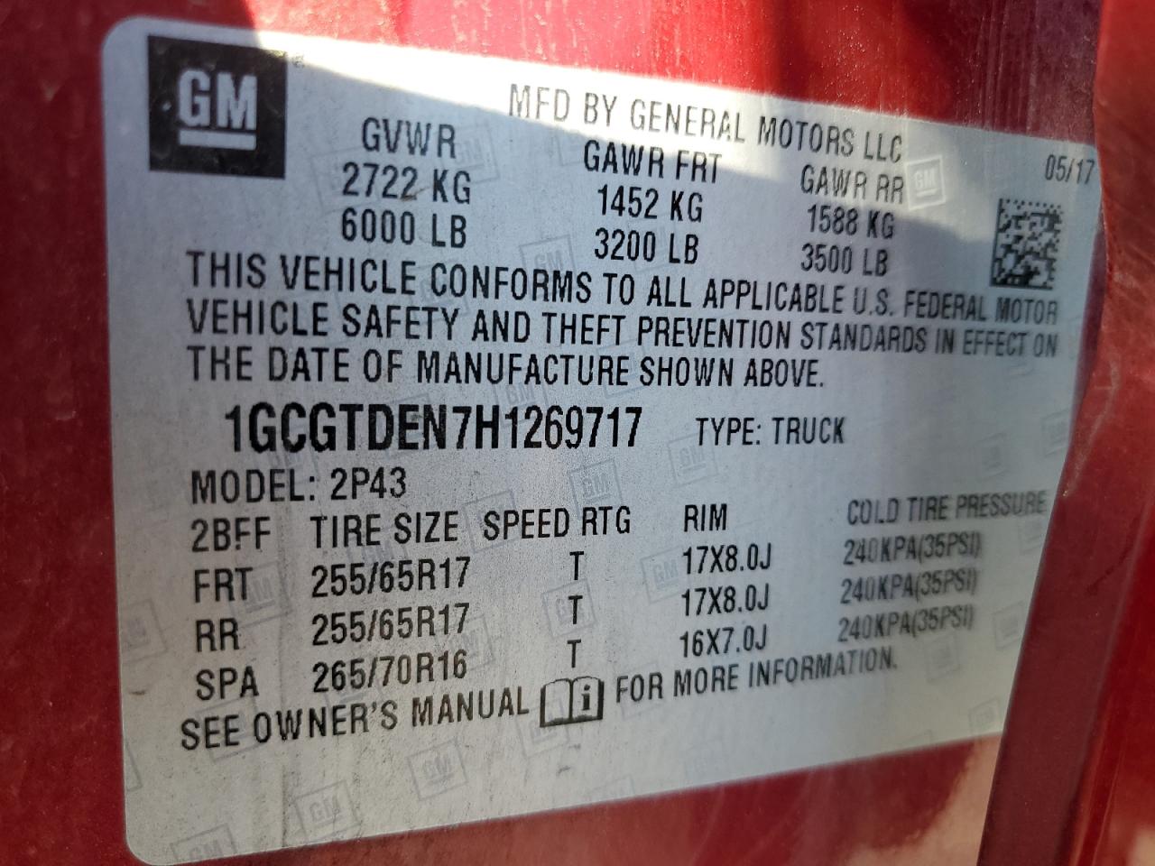 2017 Chevrolet Colorado Z71 VIN: 1GCGTDEN7H1269717 Lot: 71498305