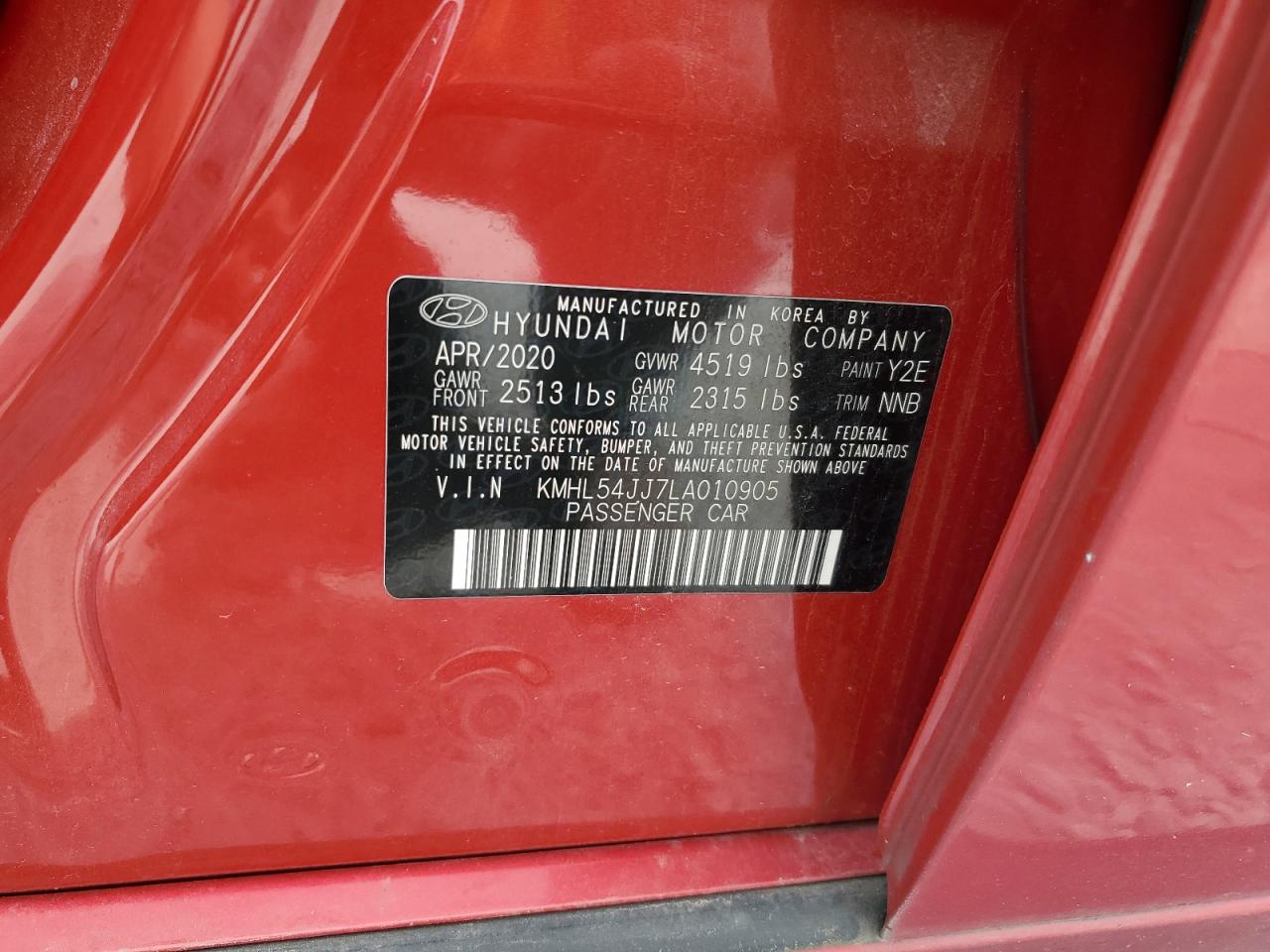 2020 Hyundai Sonata Hybrid VIN: KMHL54JJ7LA010905 Lot: 82109715