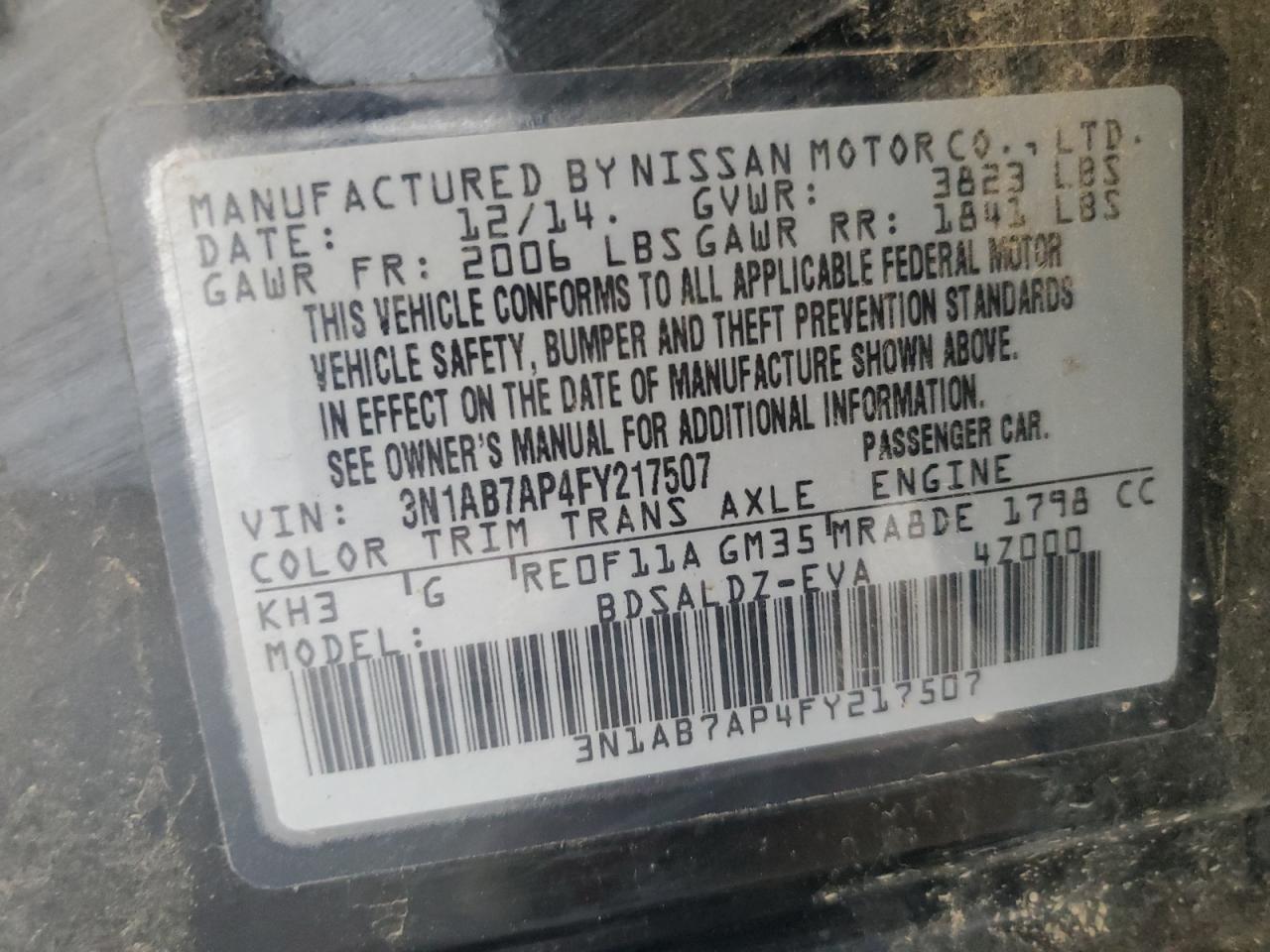 2015 Nissan Sentra S VIN: 3N1AB7AP4FY217507 Lot: 81255255