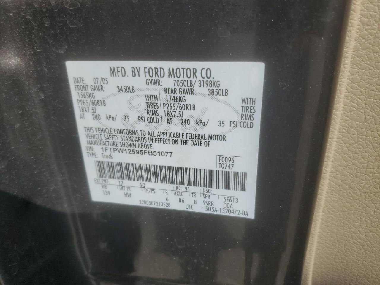 2005 Ford F150 Supercrew VIN: 1FTPW12595FB51077 Lot: 80859985