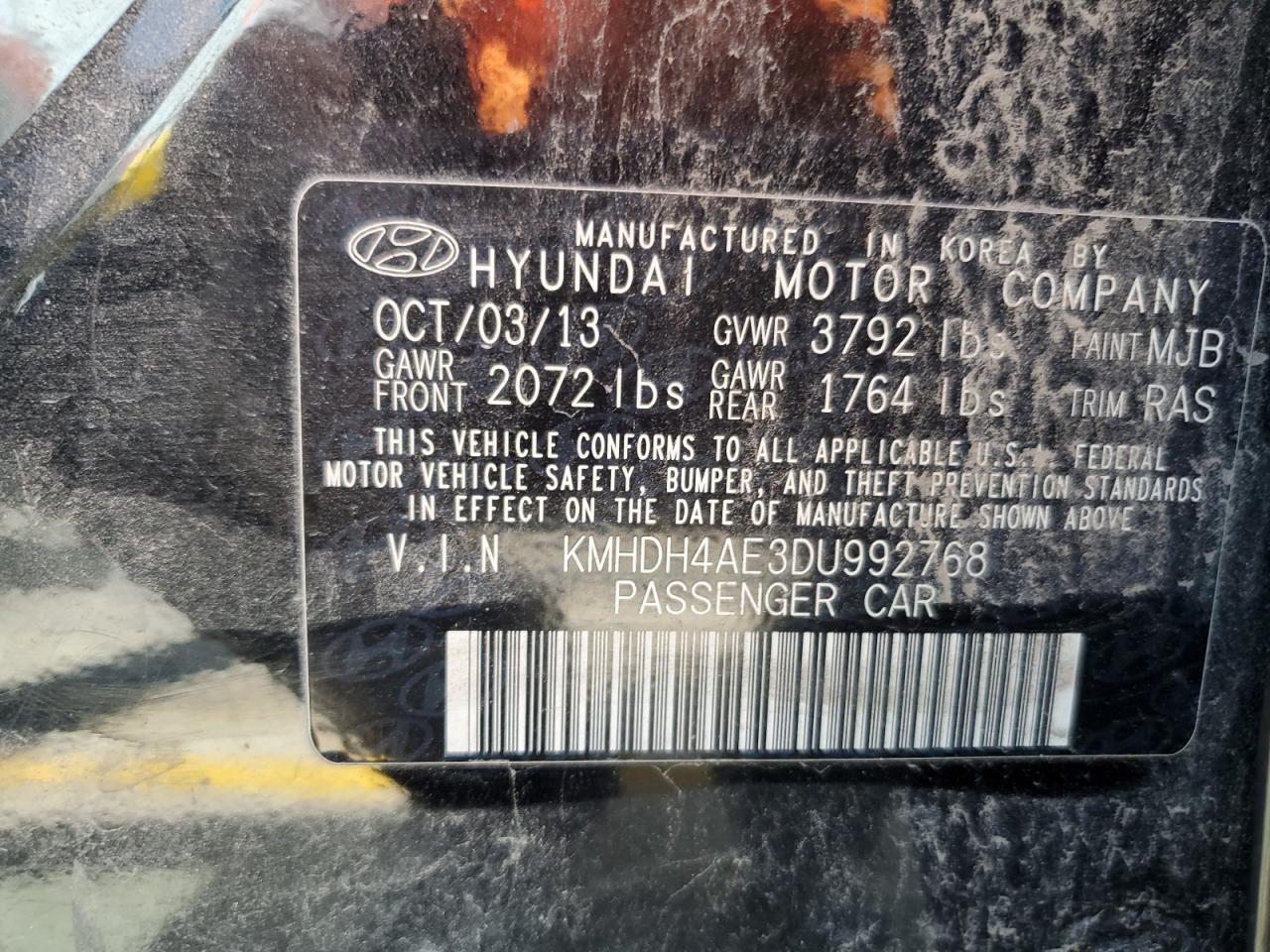 2013 Hyundai Elantra Gls VIN: KMHDH4AE3DU992768 Lot: 81608105