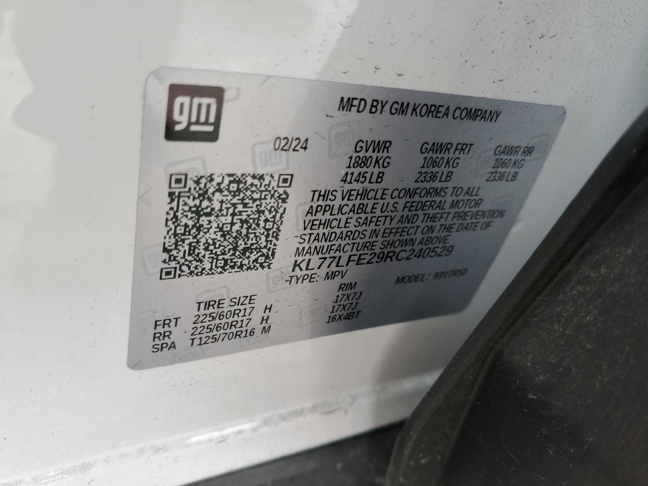 2024 Chevrolet Trax Ls VIN: KL77LFE29RC240529 Lot: 72100685