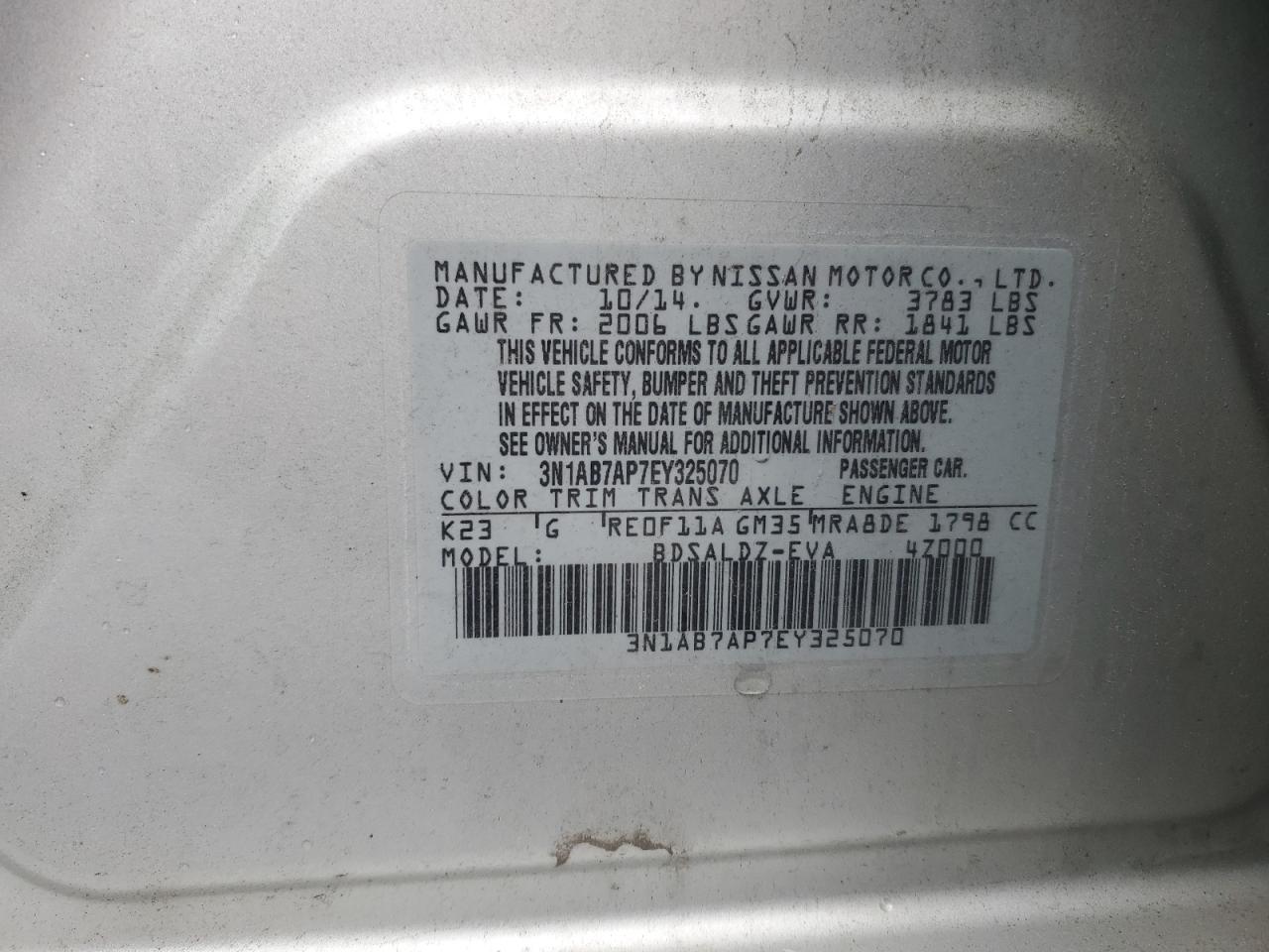 2014 Nissan Sentra S VIN: 3N1AB7AP7EY325070 Lot: 83785795