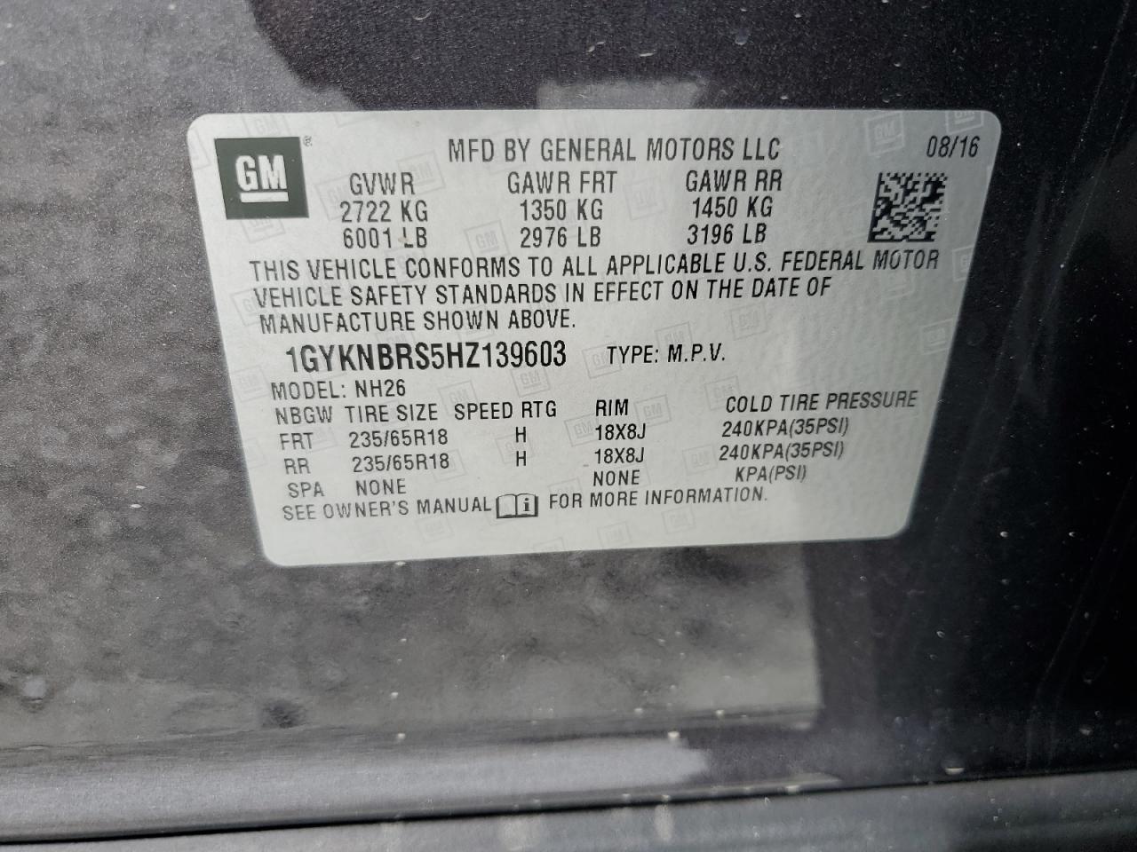 2017 Cadillac Xt5 Luxury VIN: 1GYKNBRS5HZ139603 Lot: 84830205