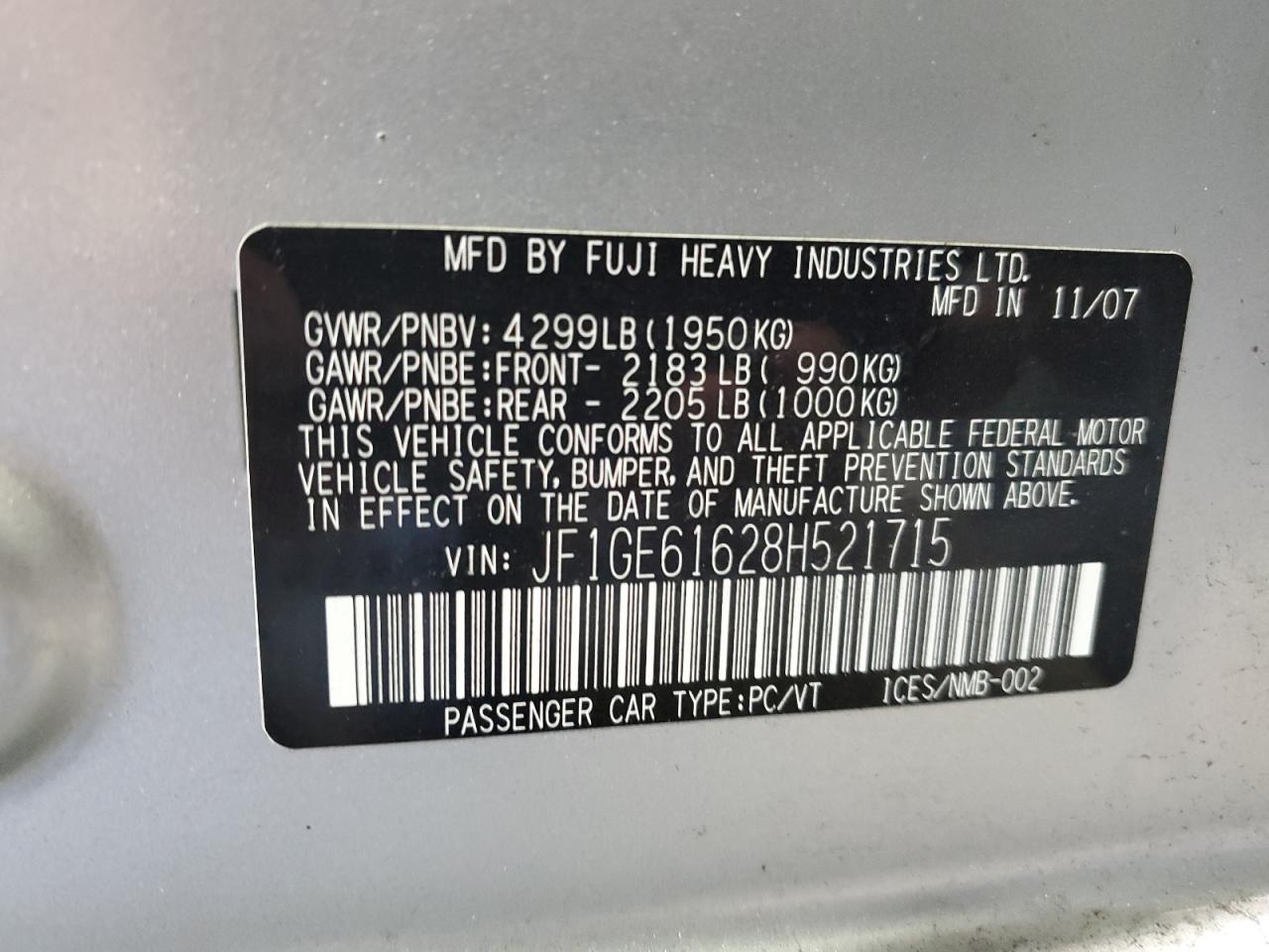 2008 Subaru Impreza 2.5I VIN: JF1GE61628H521715 Lot: 71093495