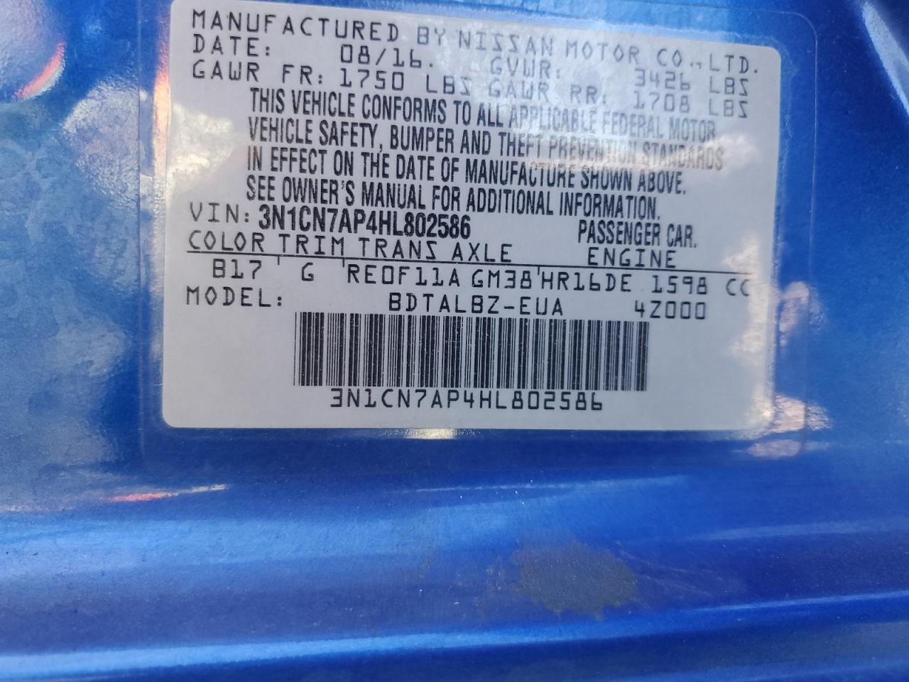 2017 Nissan Versa S VIN: 3N1CN7AP4HL802586 Lot: 81464265