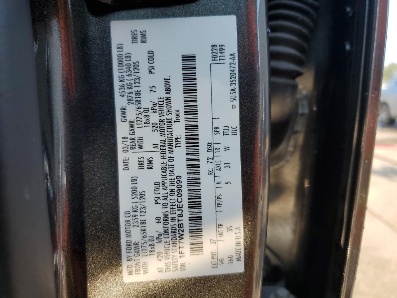 2018 Ford F250 Super Duty VIN: 1FT7W2BT8JEC09099 Lot: 81018875