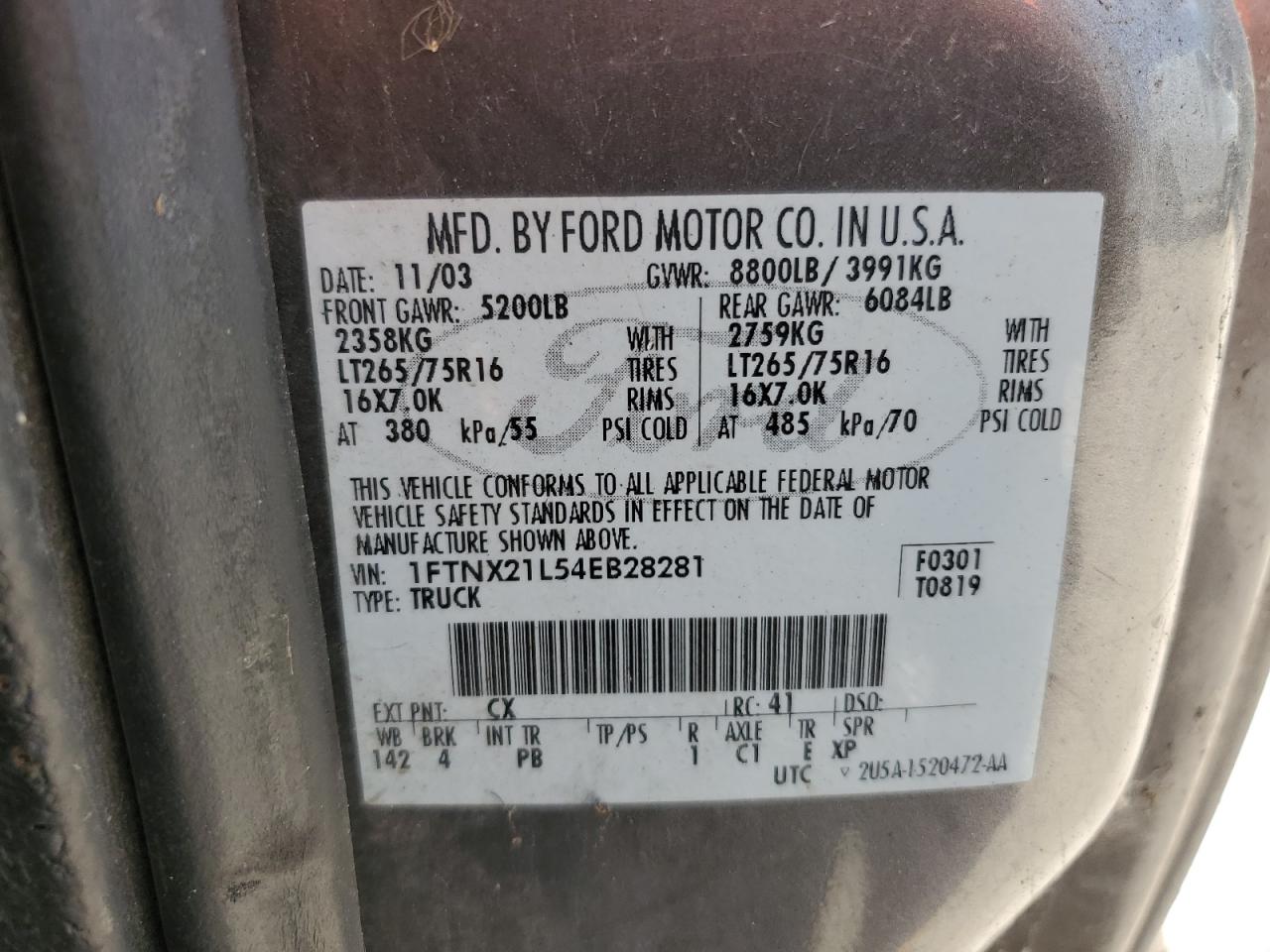 2004 Ford F250 Super Duty VIN: 1FTNX21L54EB28281 Lot: 80329745