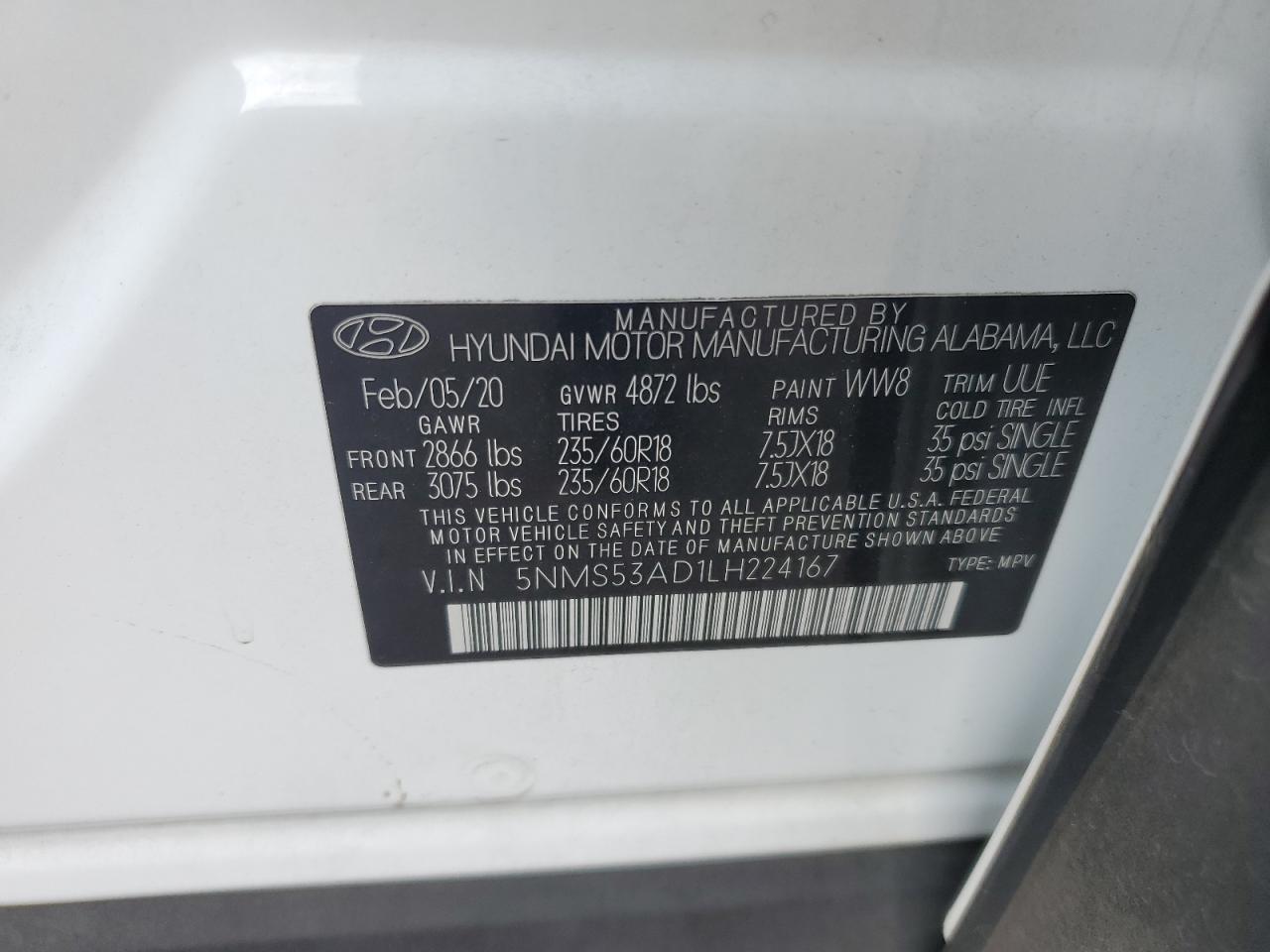 2020 Hyundai Santa Fe Limited VIN: 5NMS53AD1LH224167 Lot: 70745225