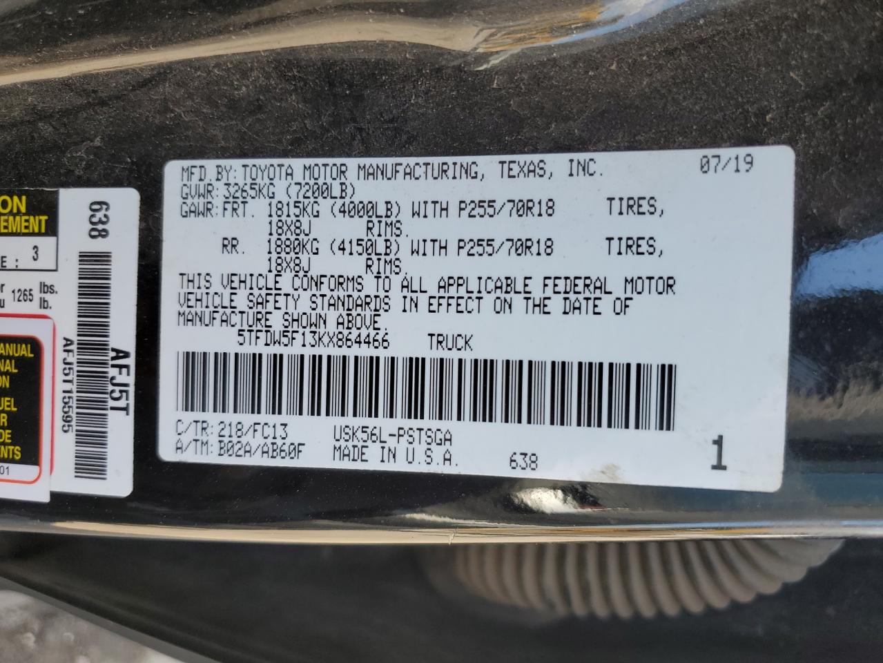 2019 Toyota Tundra Crewmax Sr5 VIN: 5TFDW5F13KX864466 Lot: 84213765