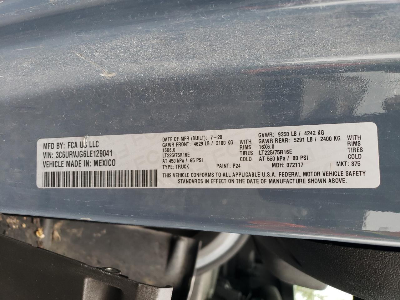 2020 Ram Promaster 3500 3500 High VIN: 3C6URVJG6LE129041 Lot: 84182075