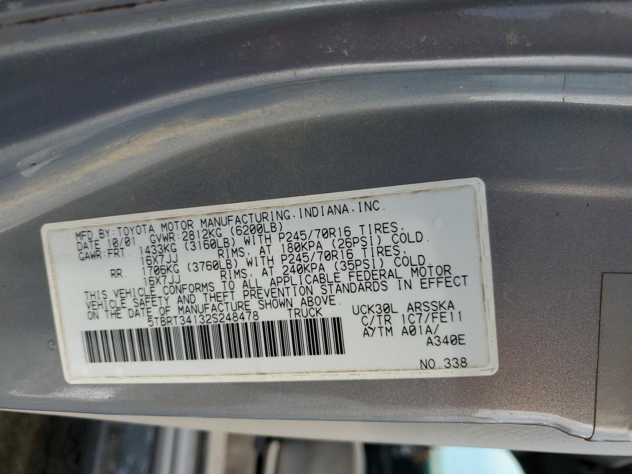 2002 Toyota Tundra Access Cab VIN: 5TBRT34132S248478 Lot: 81058855