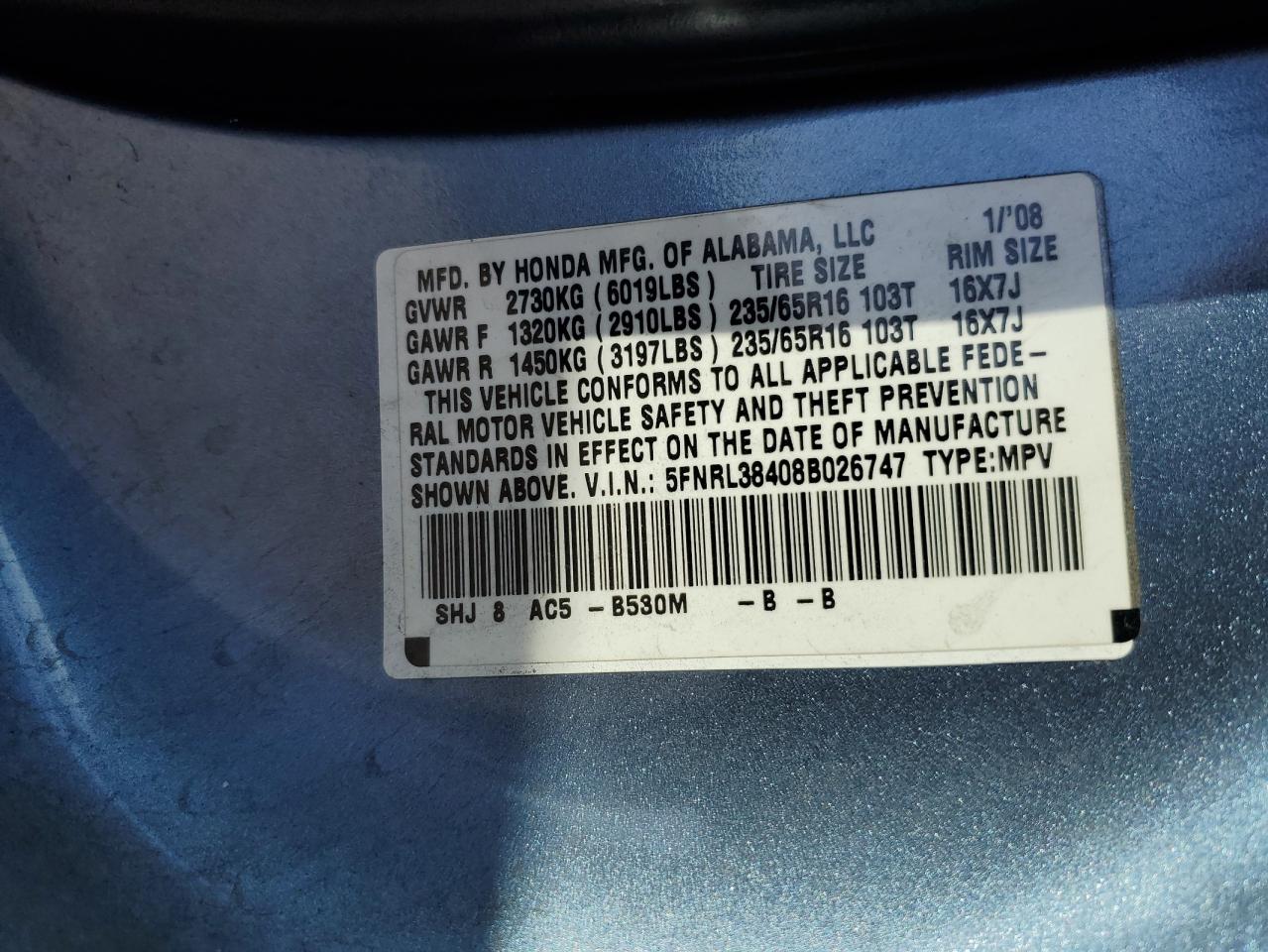 2008 Honda Odyssey Ex VIN: 5FNRL38408B026747 Lot: 80564745