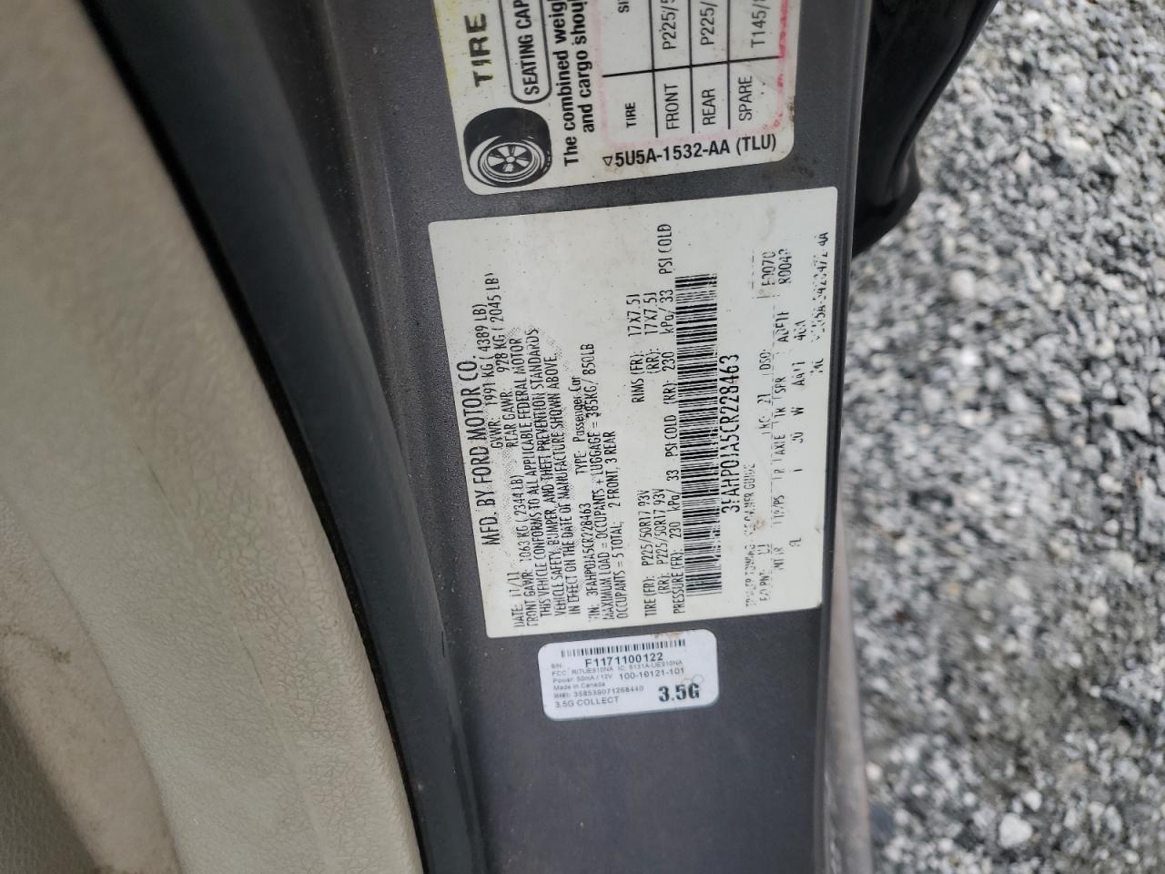 2012 Ford Fusion Sel VIN: 3FAHP0JA5CR228463 Lot: 84227335