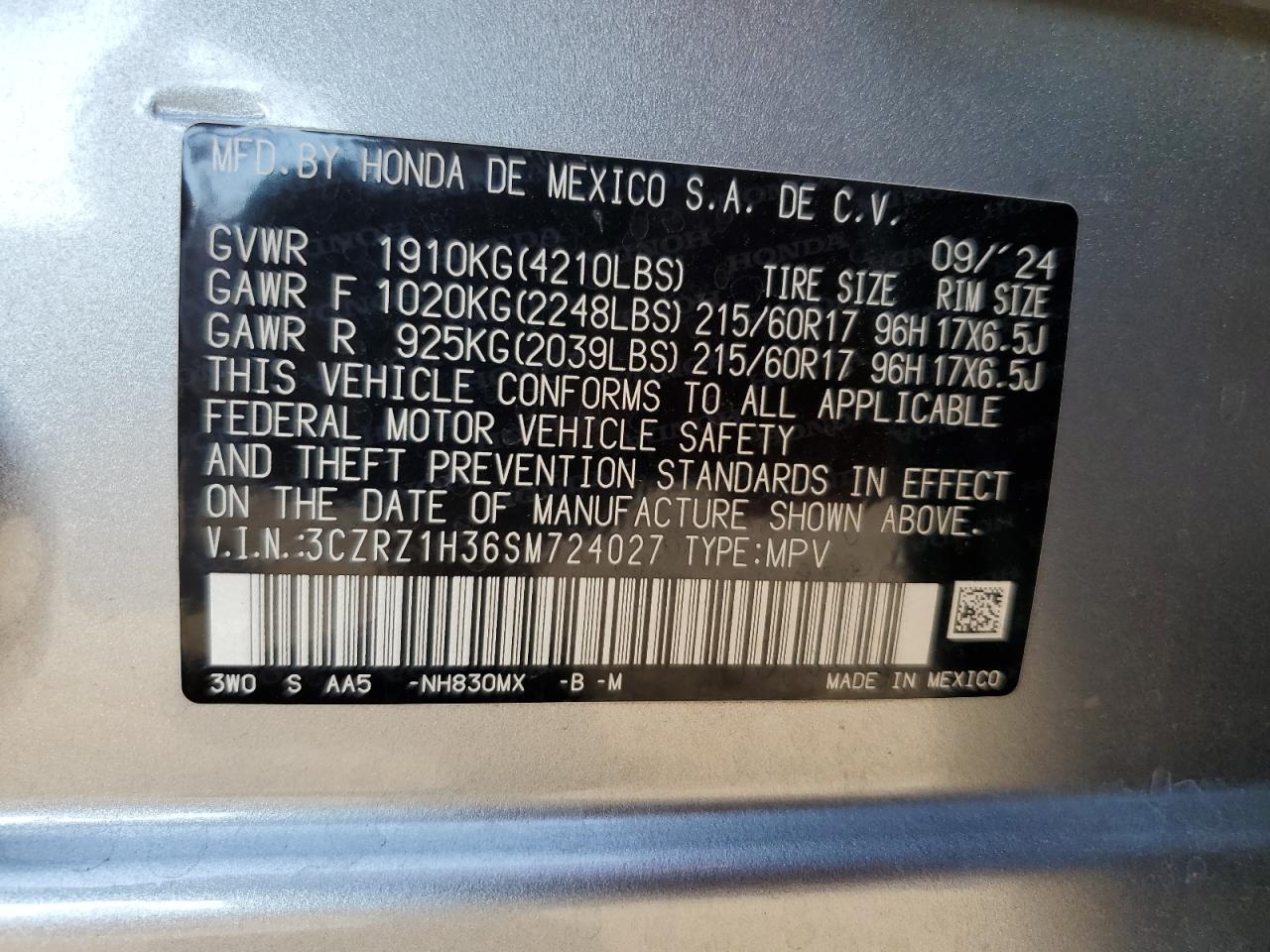 2025 Honda Hr-V Lx VIN: 3CZRZ1H36SM724027 Lot: 71285695