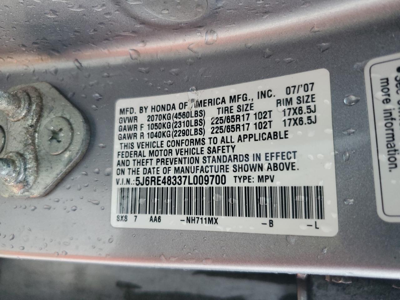 2007 Honda Cr-V Lx VIN: 5J6RE48337L009700 Lot: 91974775