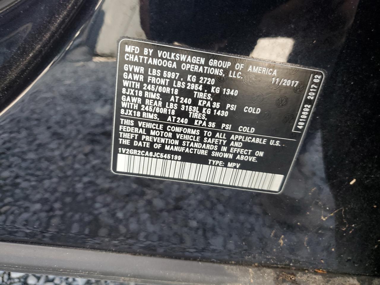 2018 Volkswagen Atlas S VIN: 1V2GR2CA6JC545199 Lot: 71472325