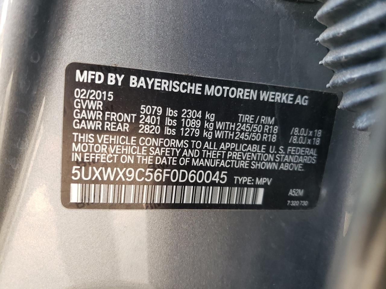 2015 BMW X3 xDrive28I VIN: 5UXWX9C56F0D60045 Lot: 80033015