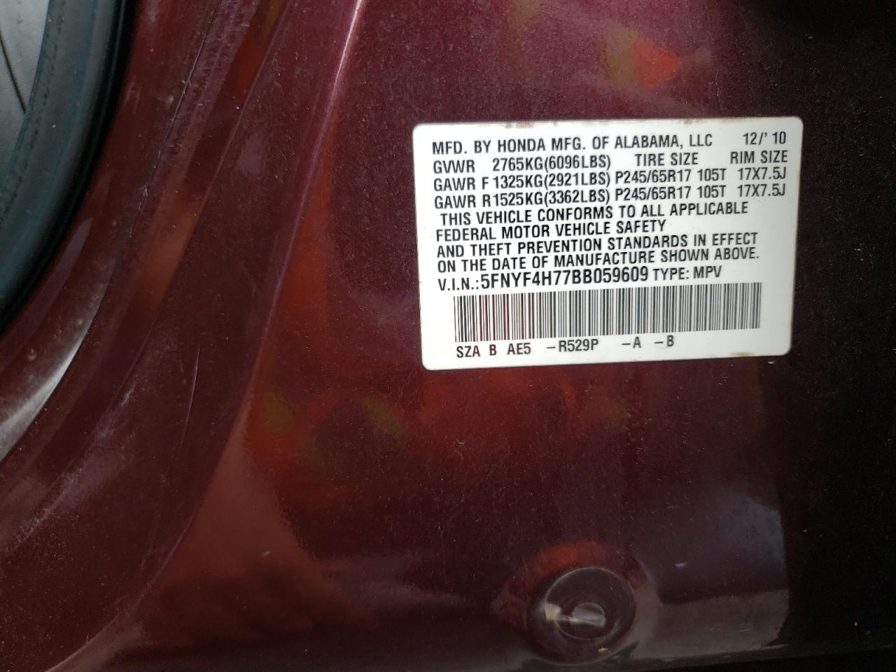 2011 Honda Pilot Exln VIN: 5FNYF4H77BB059609 Lot: 81896995