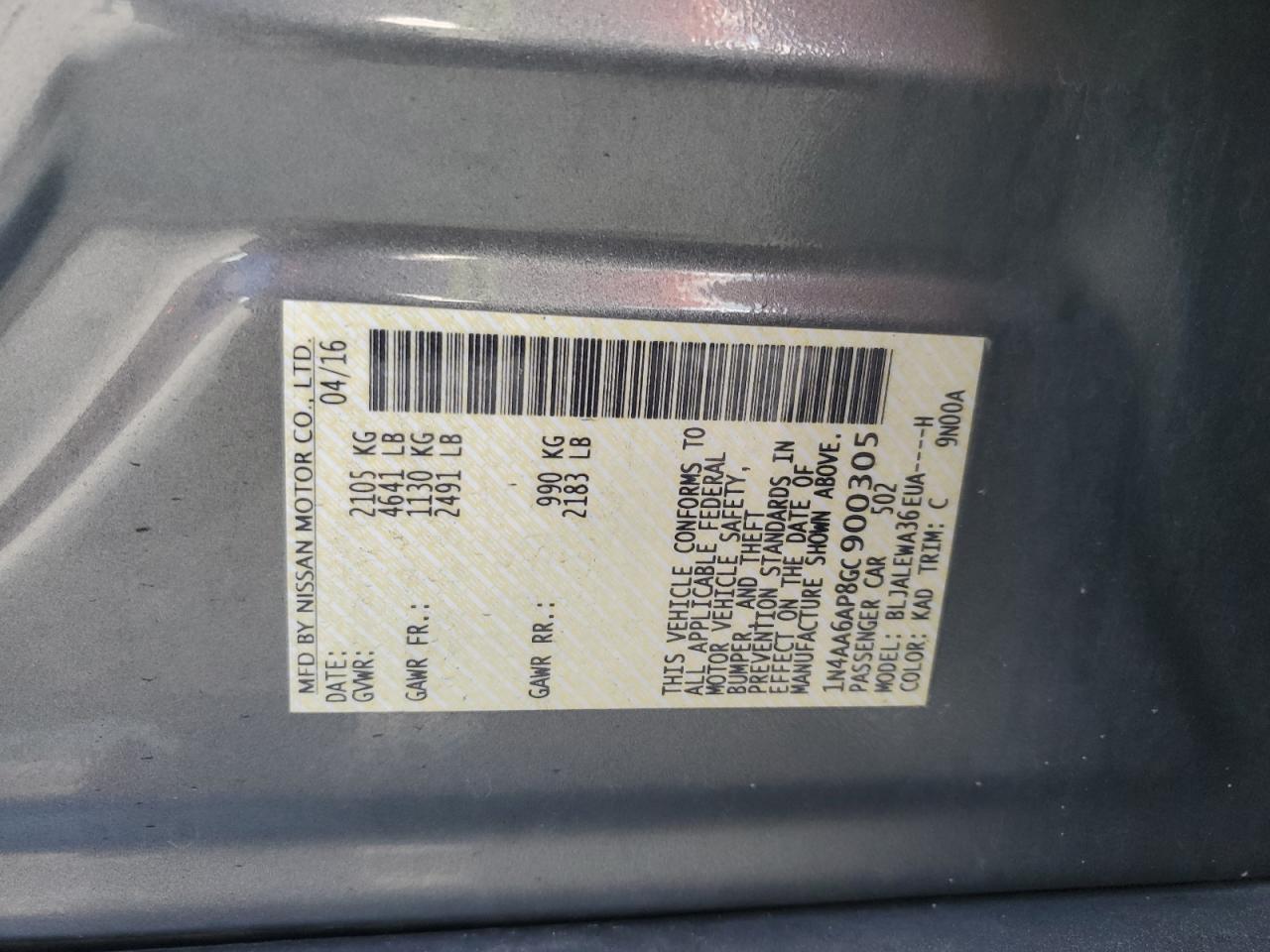 2016 Nissan Maxima 3.5S VIN: 1N4AA6AP8GC900305 Lot: 71449135