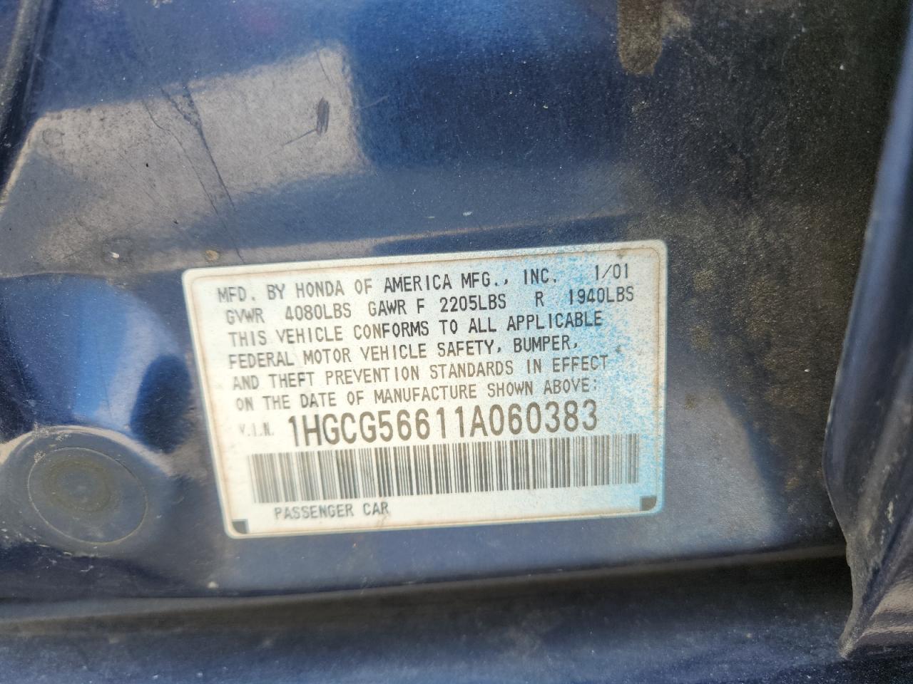 2001 Honda Accord Ex VIN: 1HGCG56611A060383 Lot: 81527585