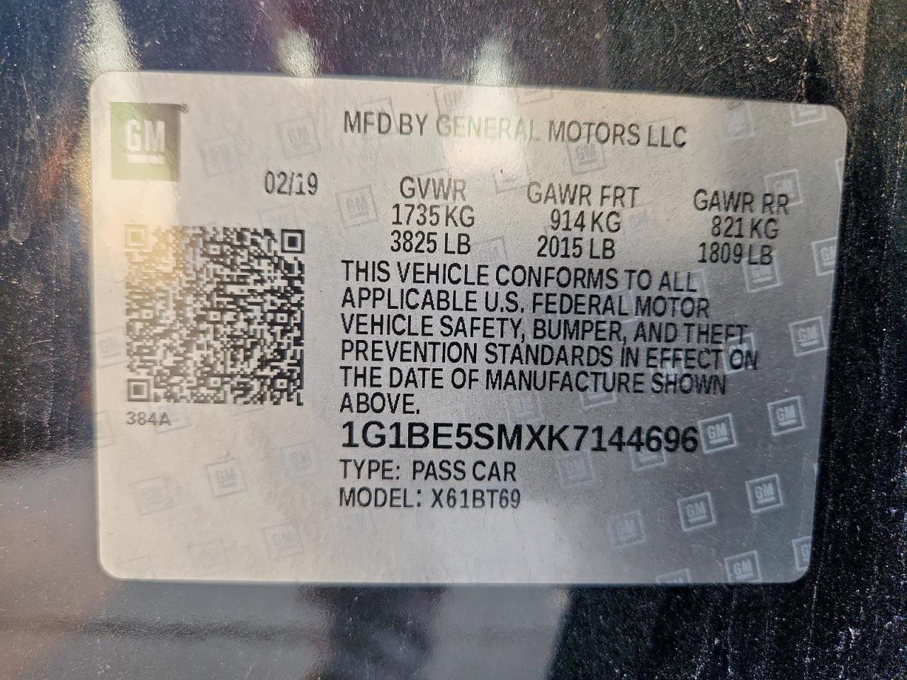 2019 Chevrolet Cruze Lt VIN: 1G1BE5SMXK7144696 Lot: 81129215