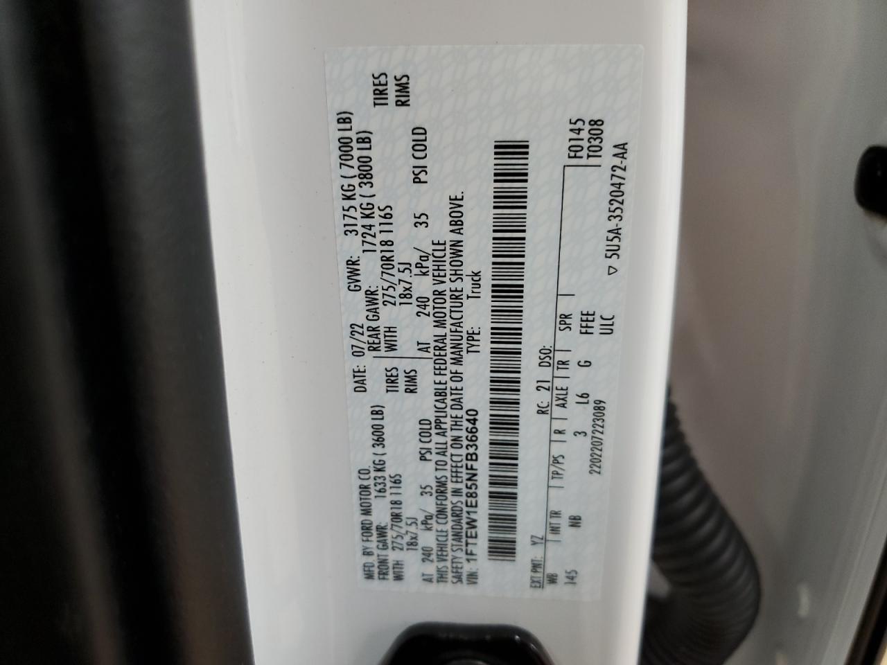 2022 Ford F150 Supercrew VIN: 1FTEW1E85NFB36640 Lot: 81089885