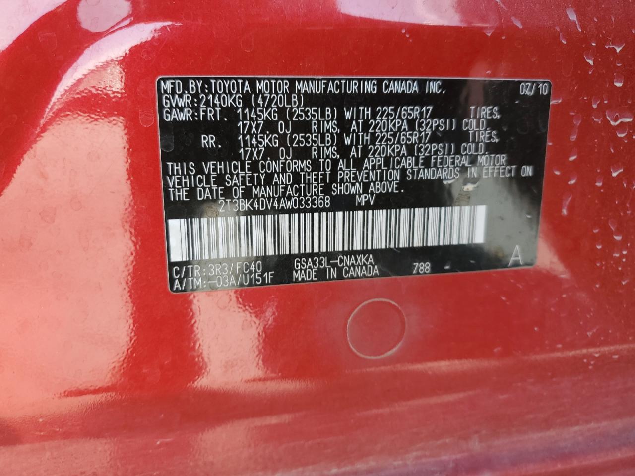 2010 Toyota Rav4 VIN: 2T3BK4DV4AW033368 Lot: 81335295