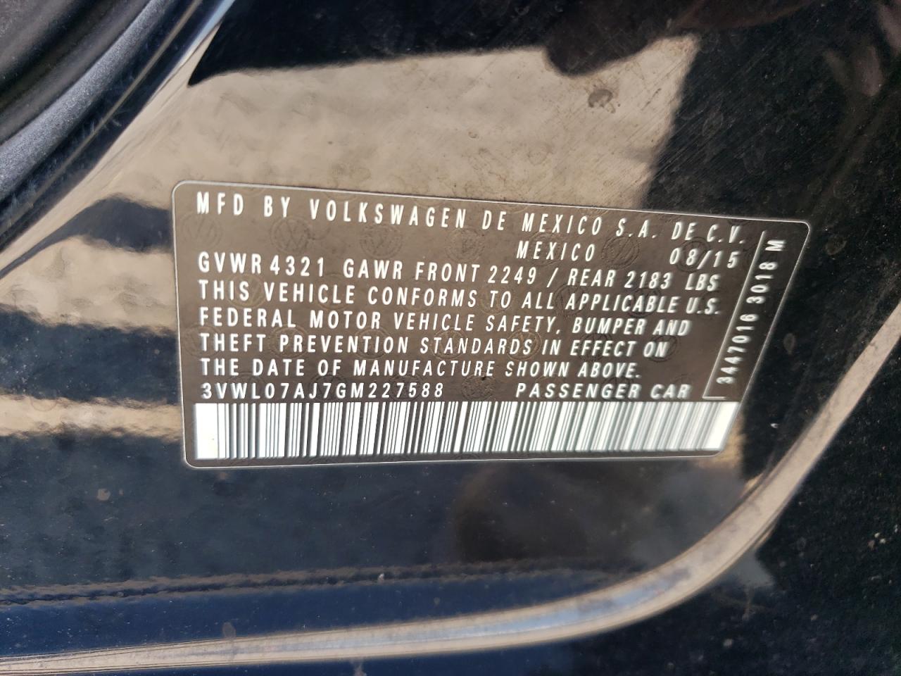 2016 Volkswagen Jetta Sel VIN: 3VWL07AJ7GM227588 Lot: 80065325