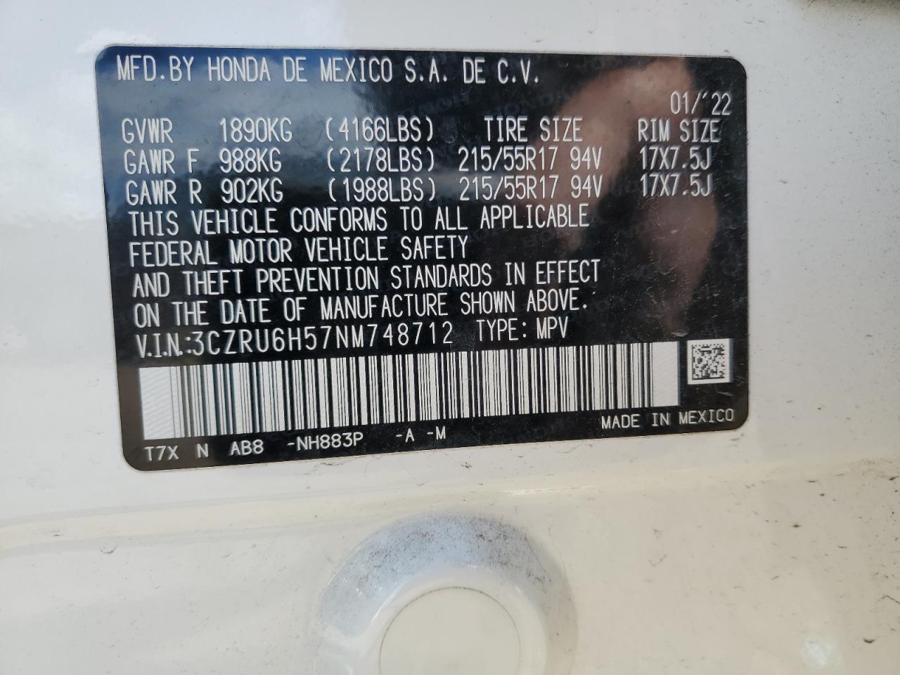 2022 Honda Hr-V Ex VIN: 3CZRU6H57NM748712 Lot: 71426785