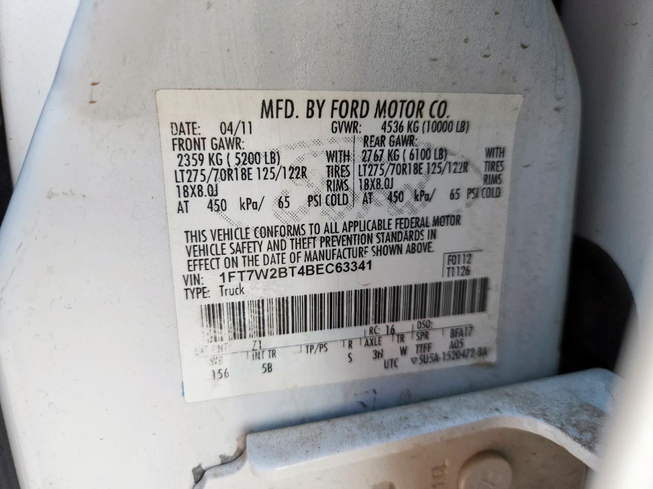 2011 Ford F250 Super Duty VIN: 1FT7W2BT4BEC63341 Lot: 81727415