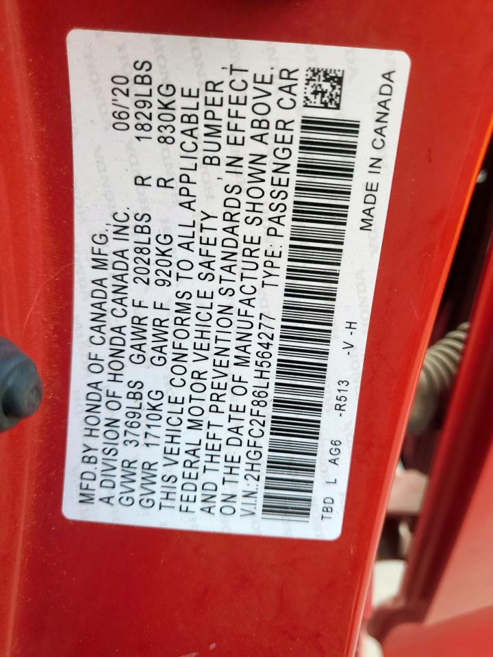 2020 Honda Civic Sport VIN: 2HGFC2F86LH564277 Lot: 86501495