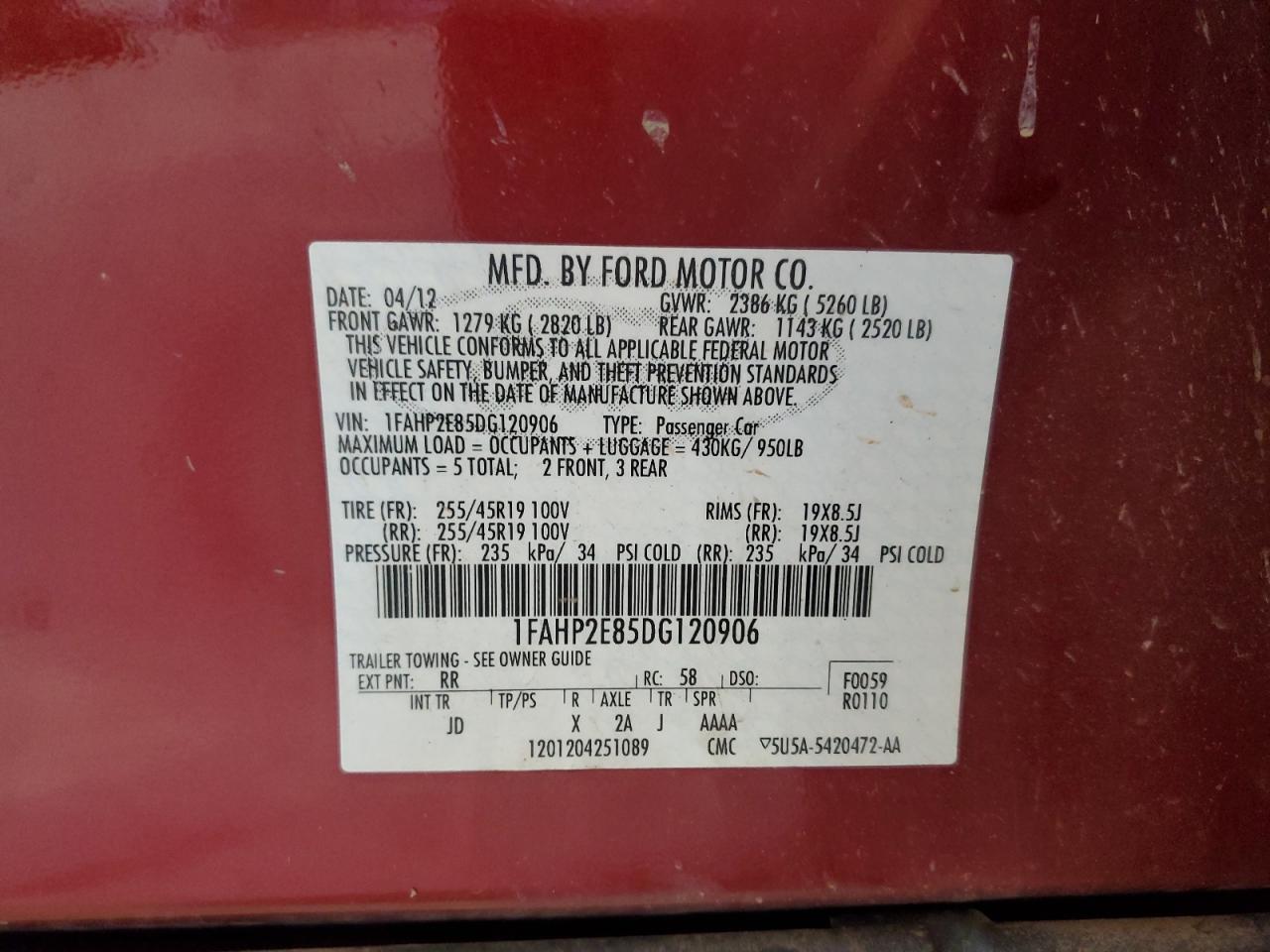 2013 Ford Taurus Sel VIN: 1FAHP2E85DG120906 Lot: 80214135