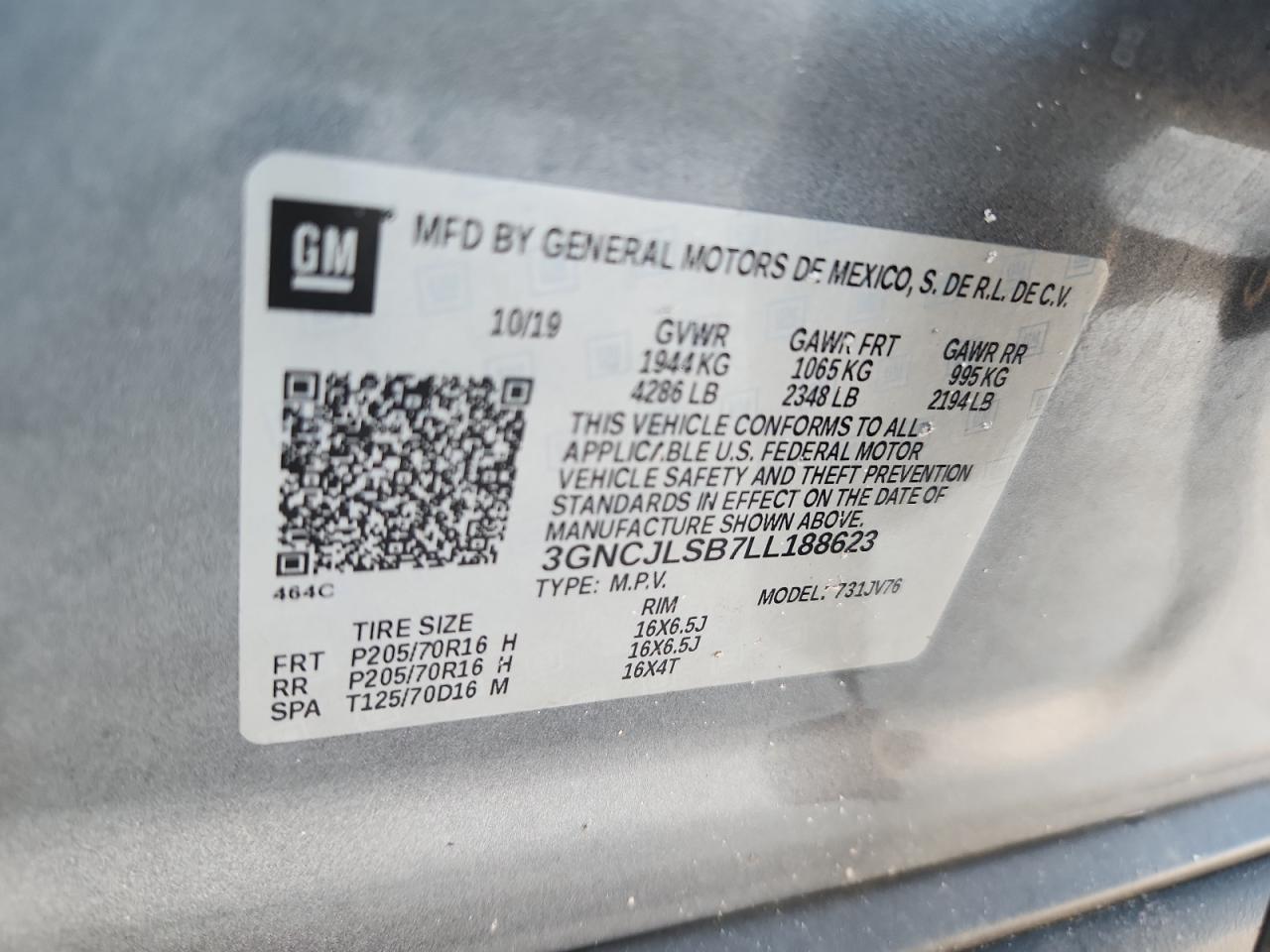 2020 Chevrolet Trax 1Lt VIN: 3GNCJLSB7LL188623 Lot: 83977885