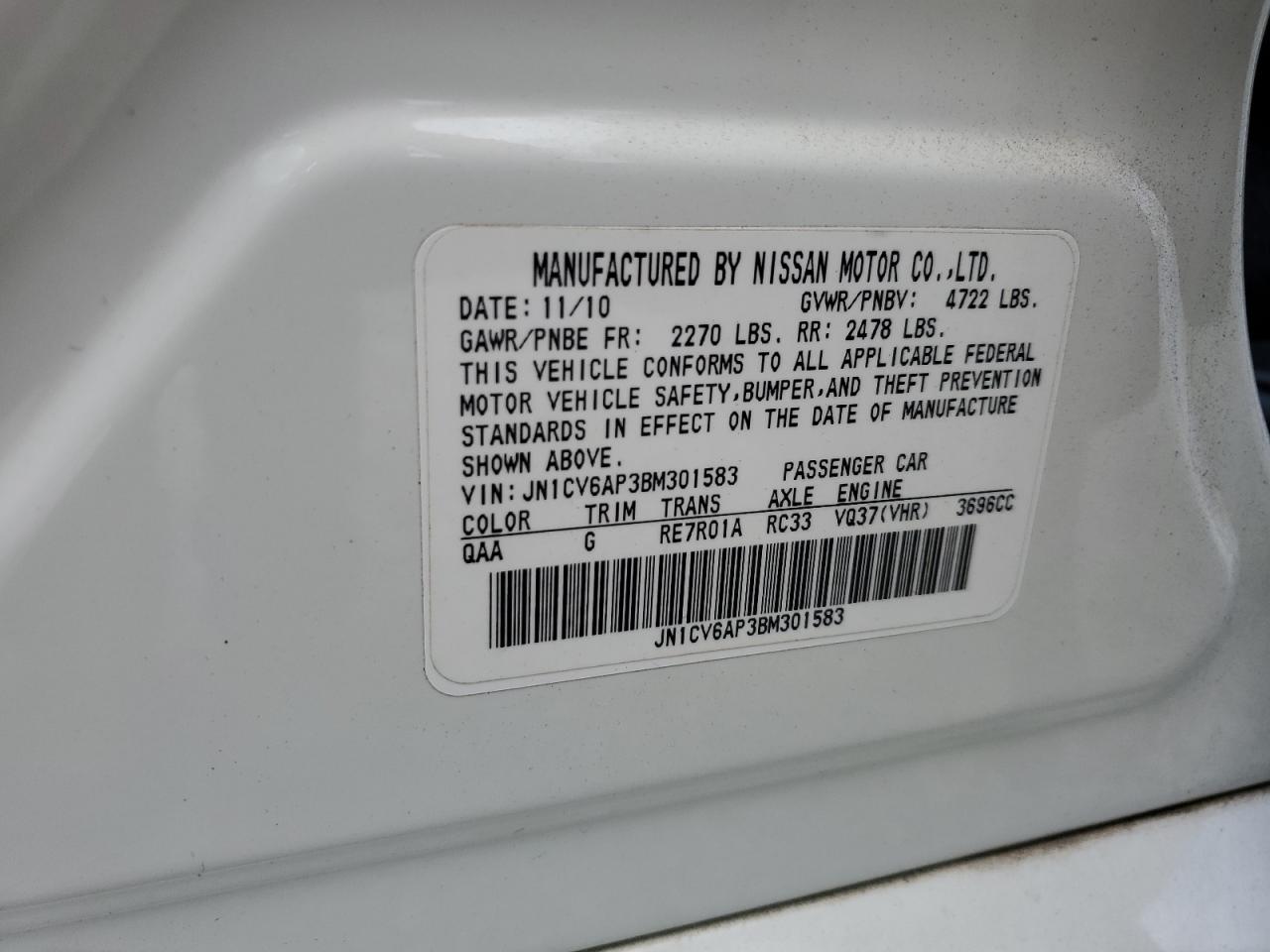 2011 Infiniti G37 Base VIN: JN1CV6AP3BM301583 Lot: 81943825