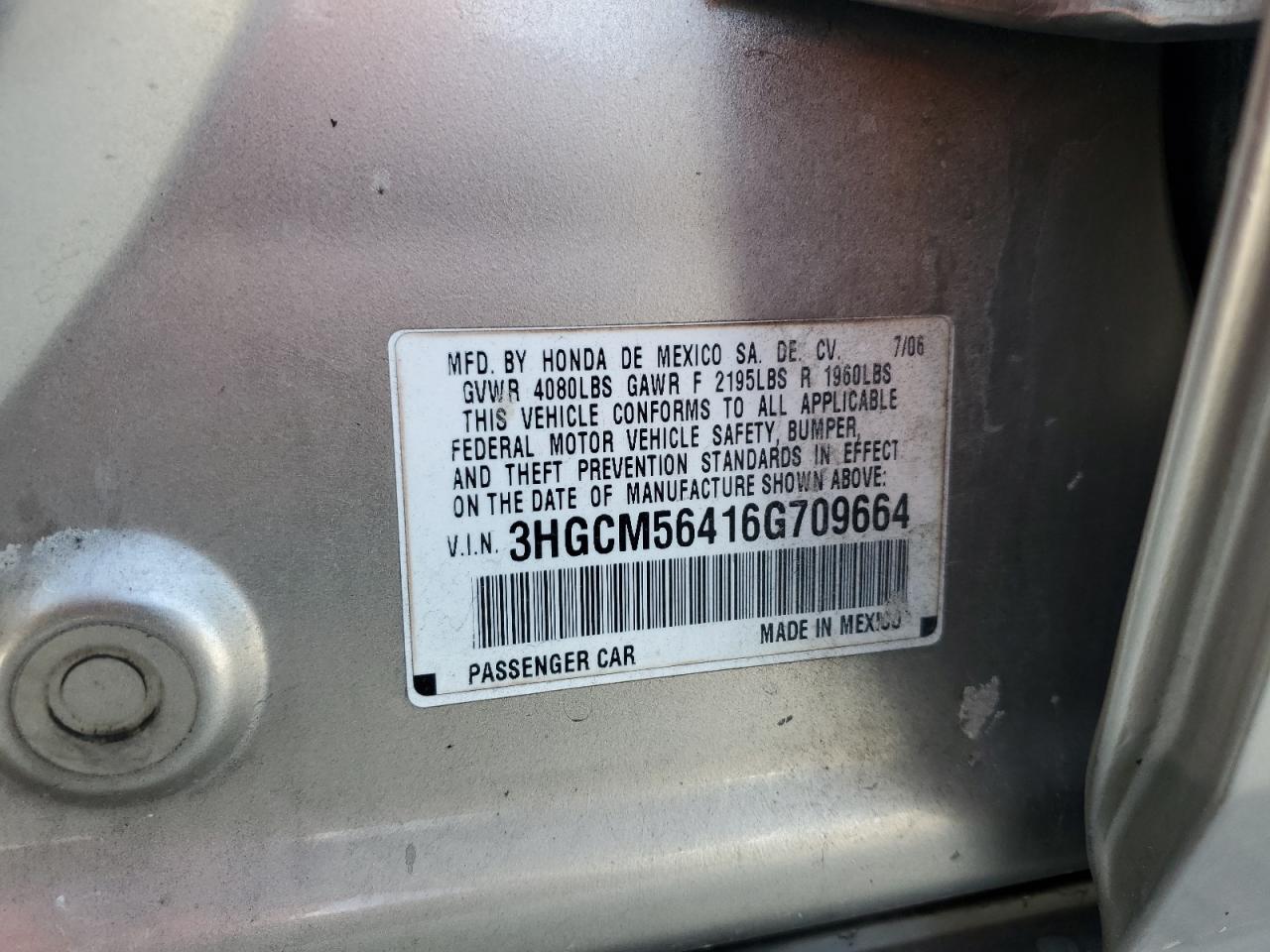 2006 Honda Accord Lx VIN: 3HGCM56416G709664 Lot: 81307325