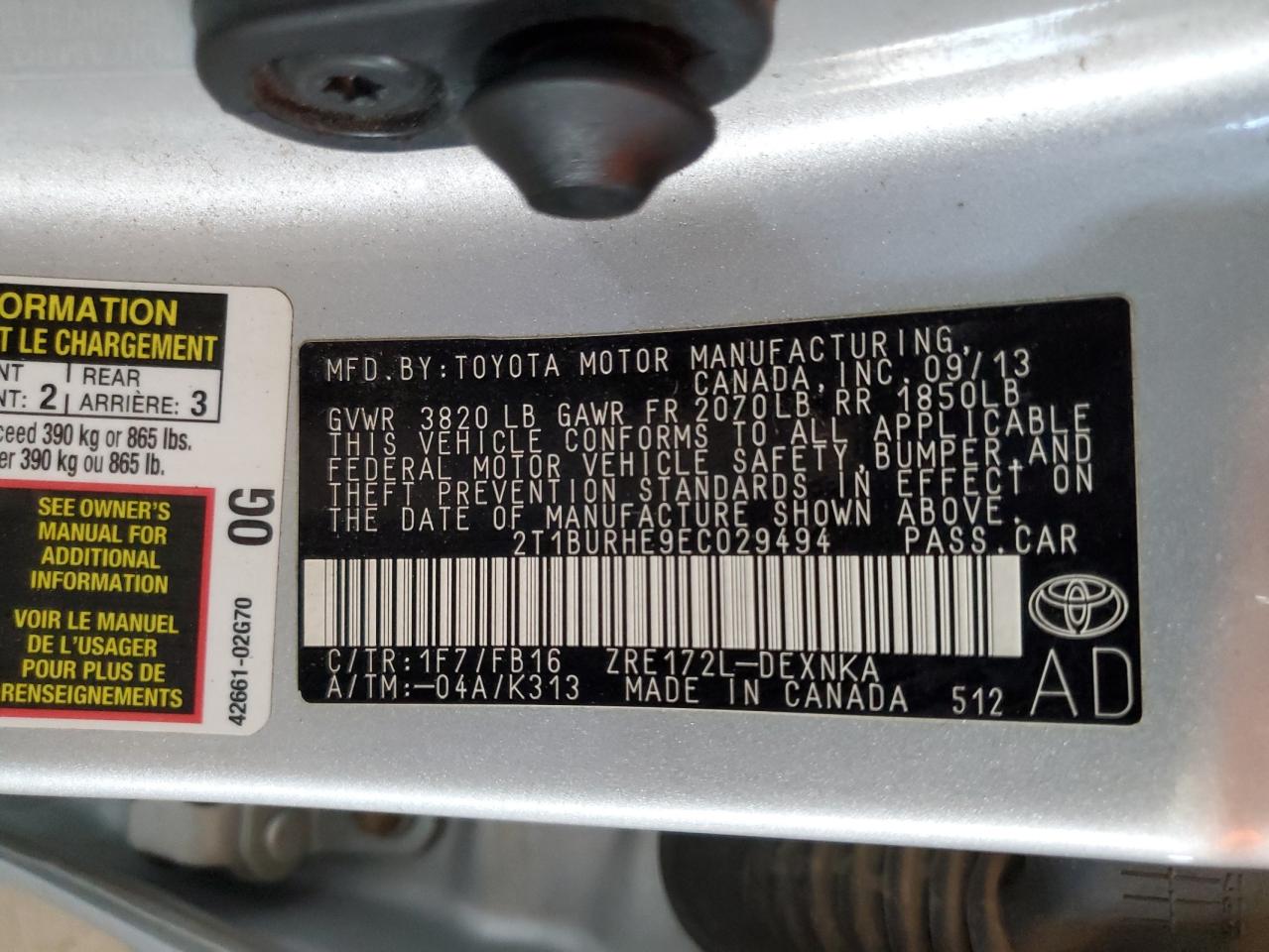 2014 Toyota Corolla L VIN: 2T1BURHE9EC029494 Lot: 84580815