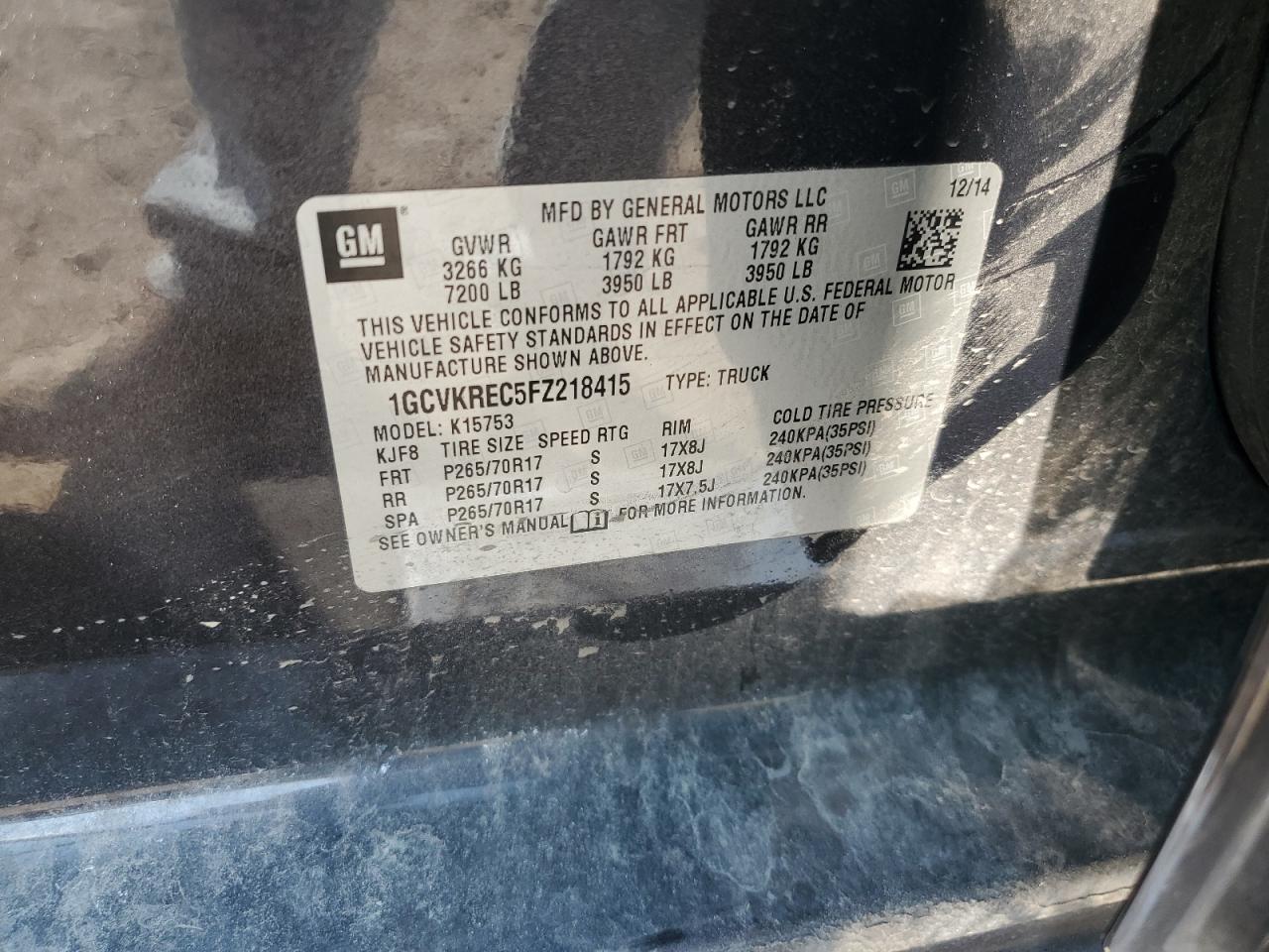 2015 Chevrolet Silverado K1500 Lt VIN: 1GCVKREC5FZ218415 Lot: 71492995