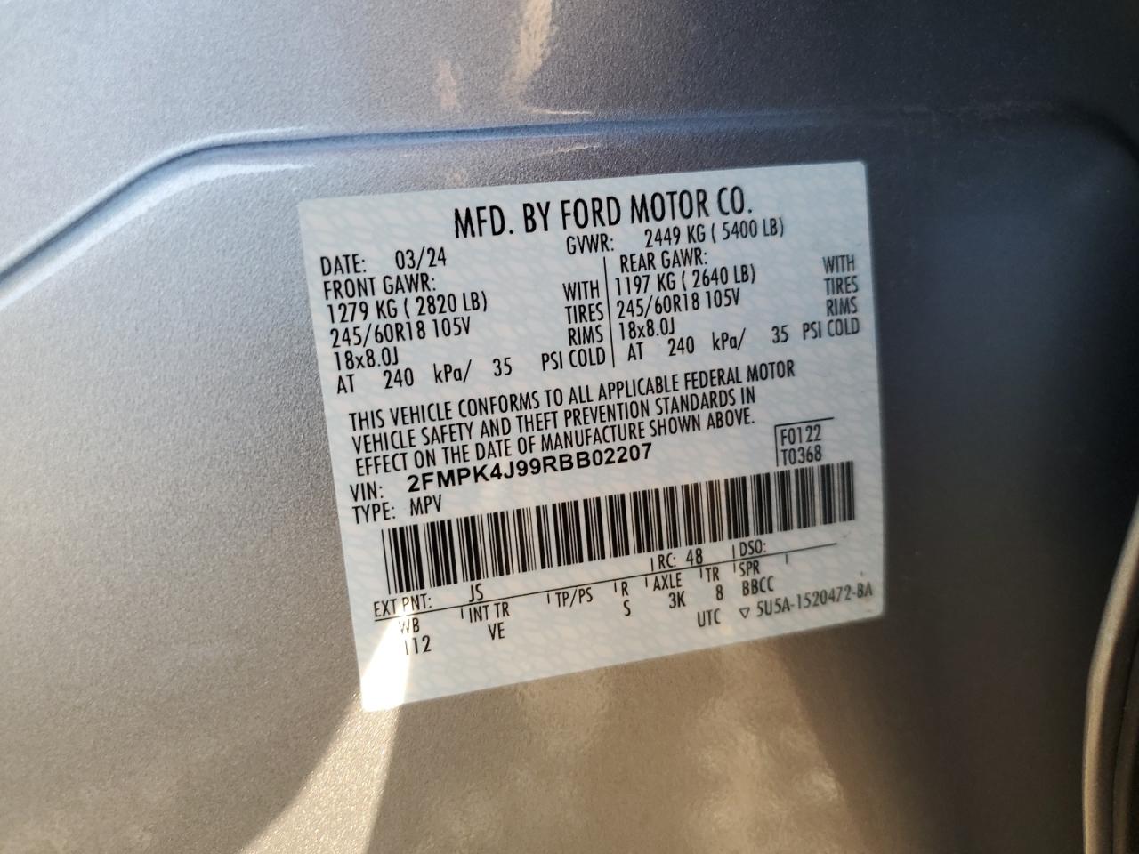 2024 Ford Edge Sel VIN: 2FMPK4J99RBB02207 Lot: 80662665