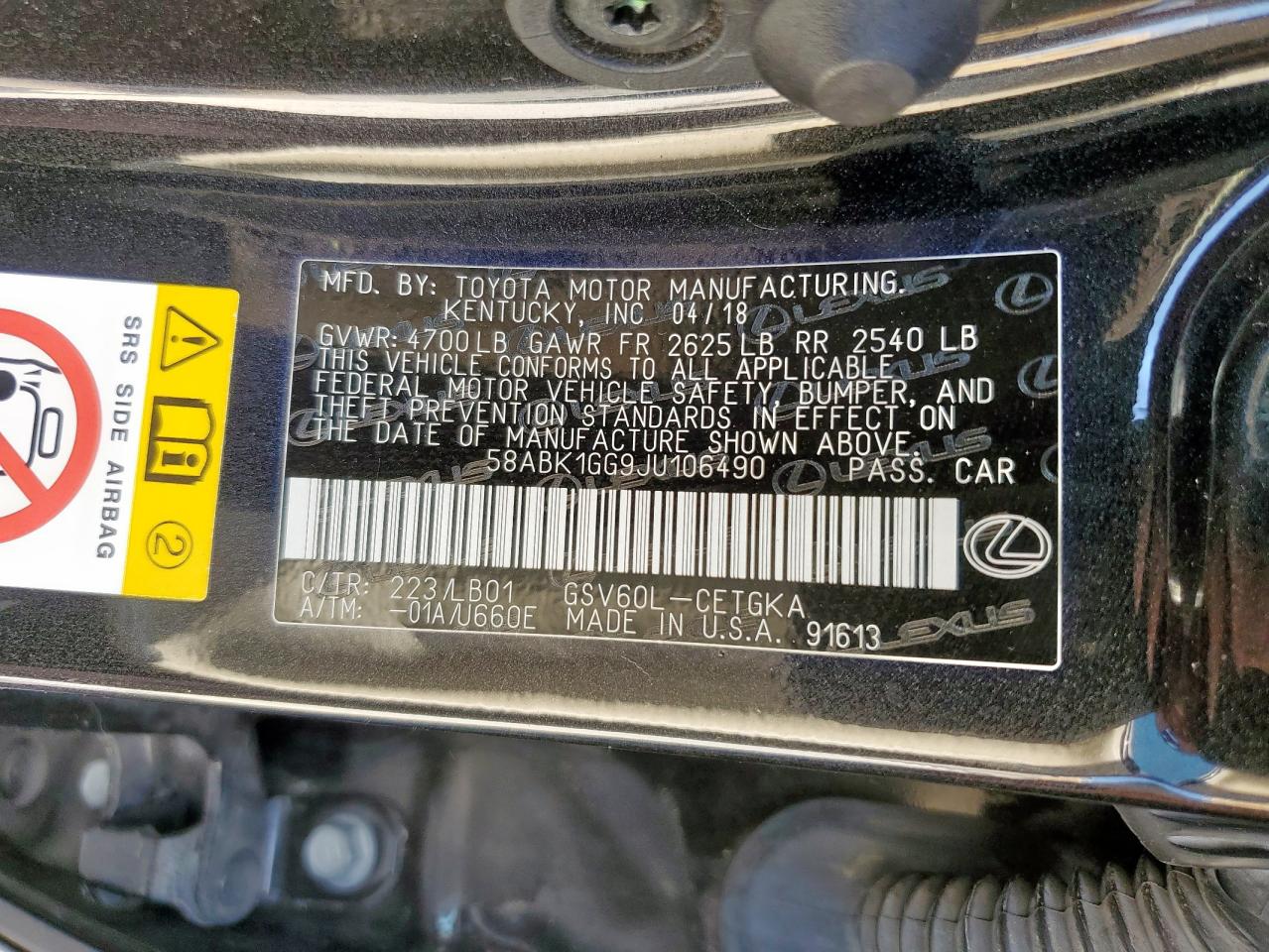 2018 Lexus Es 350 VIN: 58ABK1GG9JU106490 Lot: 71666535