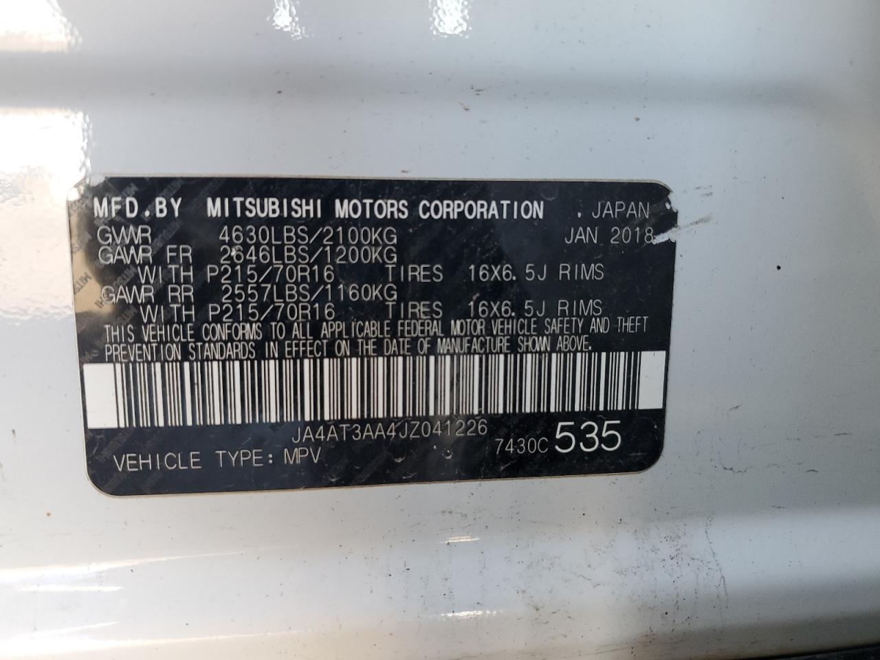 2018 Mitsubishi Eclipse Cross Es VIN: JA4AT3AA4JZ041226 Lot: 80678255