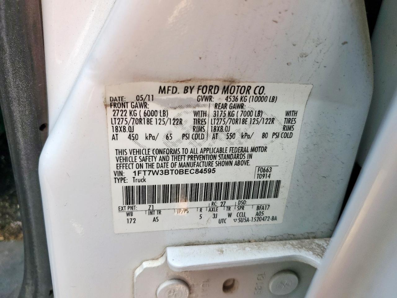 2011 Ford F350 Super Duty VIN: 1FT7W3BT0BEC84595 Lot: 81966425