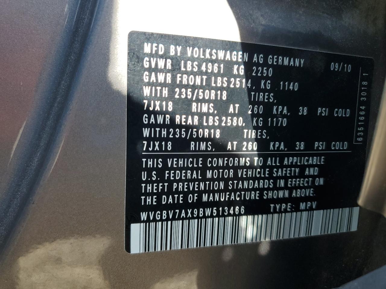 2011 Volkswagen Tiguan S VIN: WVGBV7AX9BW513466 Lot: 84452215