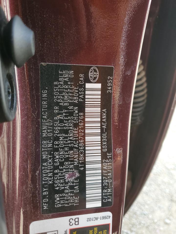 2007 Toyota Avalon Xl VIN: 4T1BK36B67U216768 Lot: 84169885